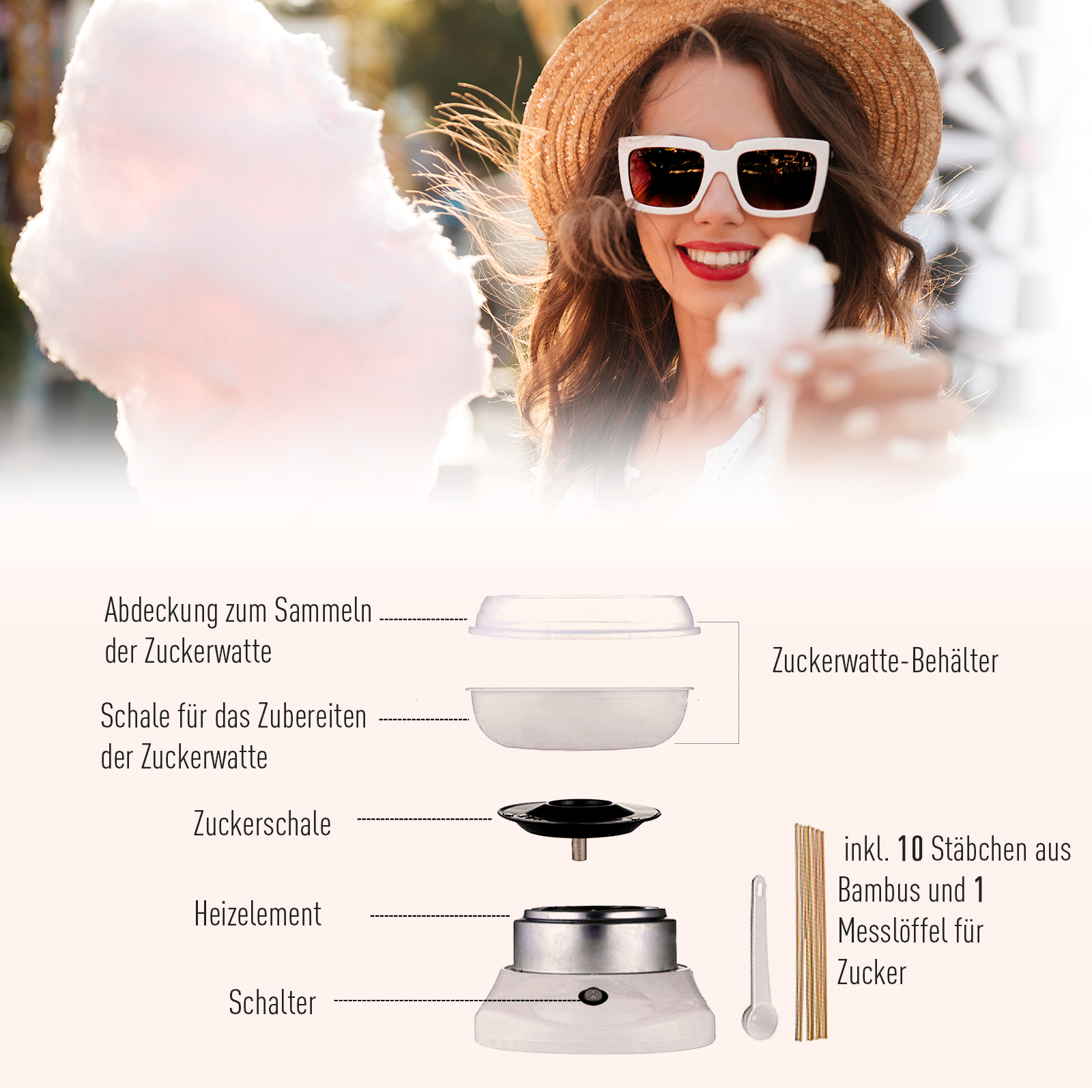 Zuckerwattemaschine, einfach zu bedienendes Zuckerwattegerät, für Erwachsene und Kinder, Edelstahl, PP, Weiß