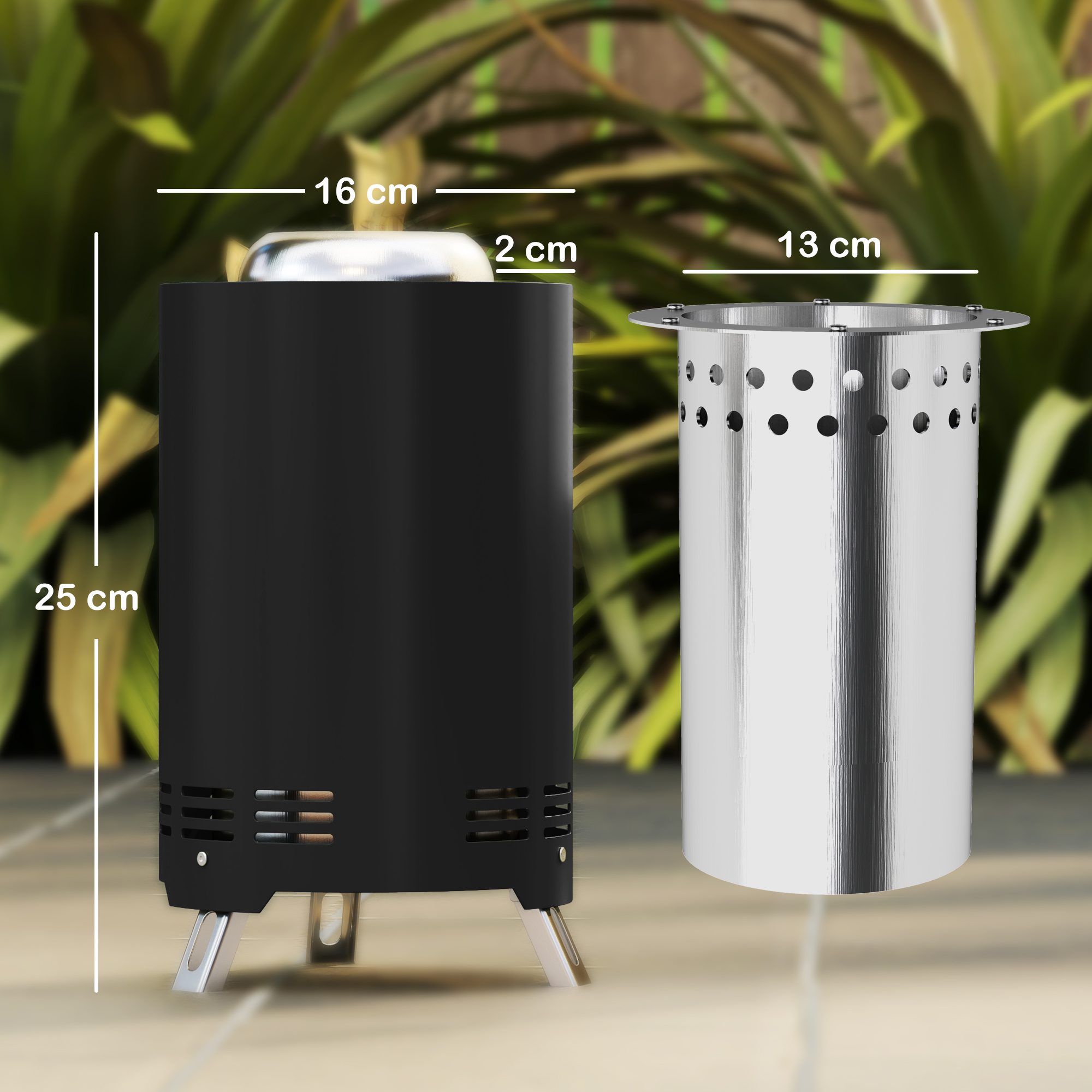 Feuerschale Ø16x25cm aus Edelstahl Feuerstelle mit Schürhaken Rauchfreie Feuerschalen Schwarz