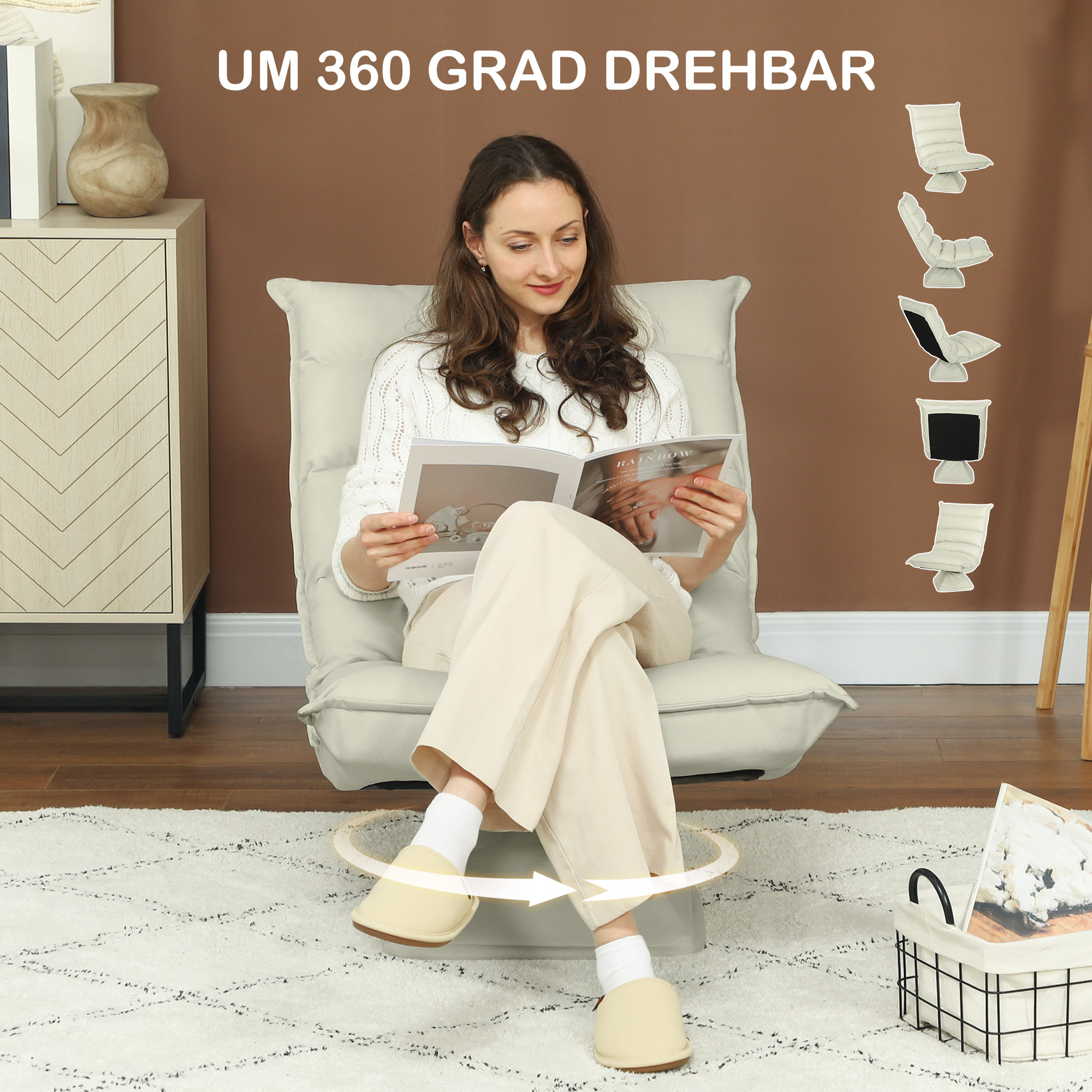 Relaxsessel, Sitzsack, verstellbare Rückenlehne, Lederoptik, 62x70x95cm, Beige