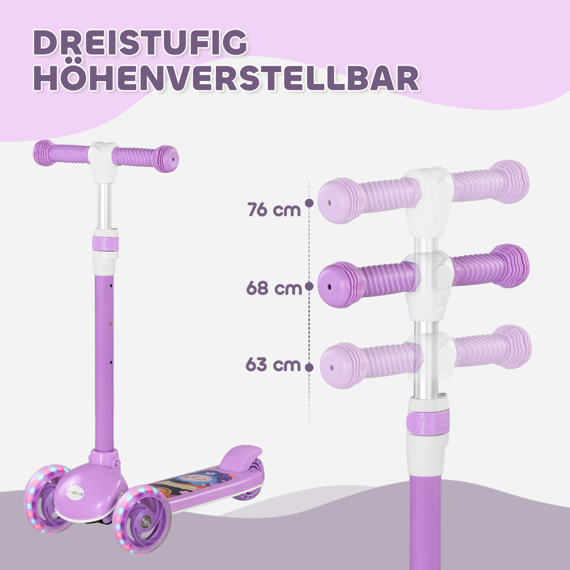Kinderroller, LED-Räder, sanfte Fahrt, anpassbare Höhe, Kunststoff, Stahl, Lila