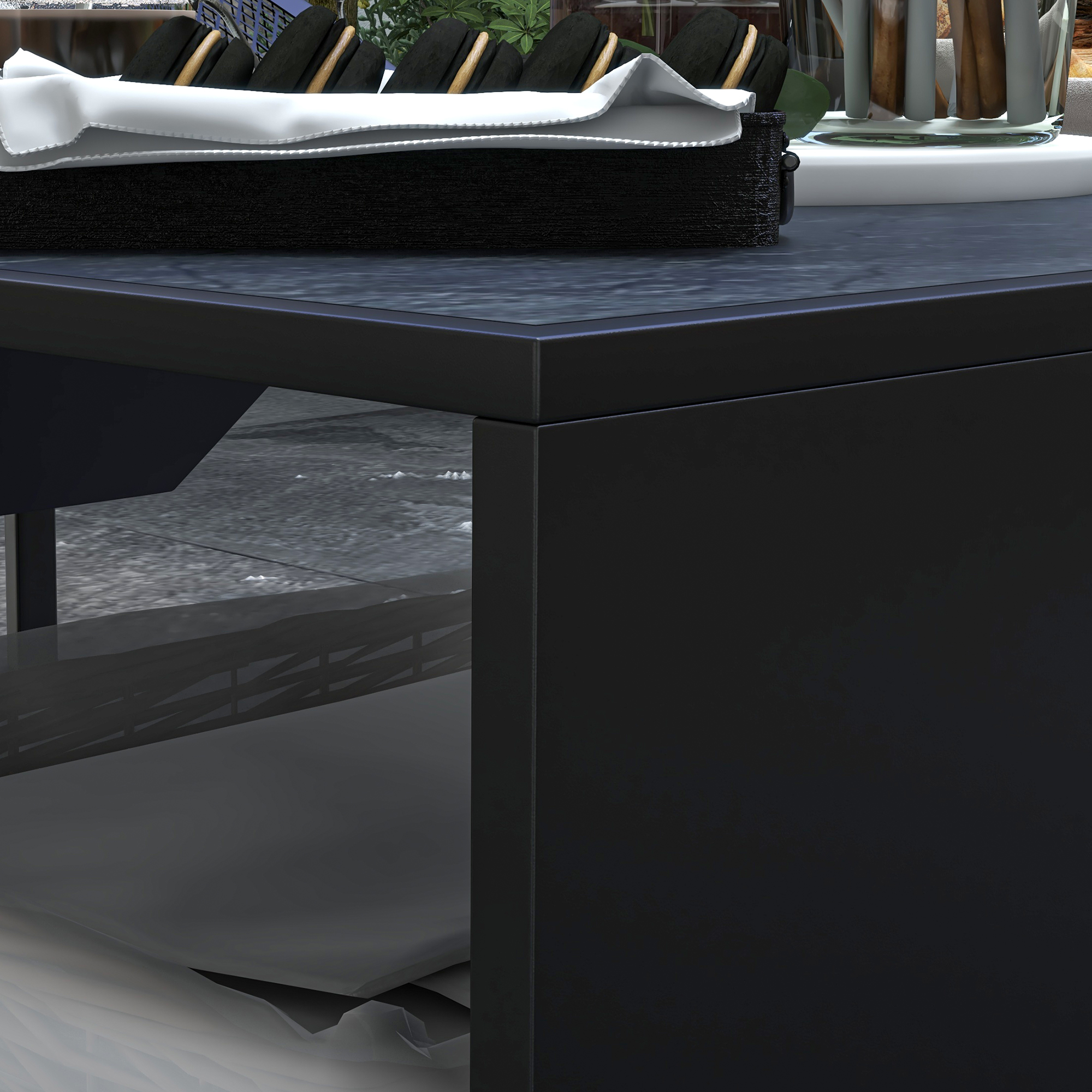 2 in1 Feuerschale, Tischplatte mit Keramikfliesen, Schürhaken, rostfrei, 101 x 51 x 56 cm, Schwarz