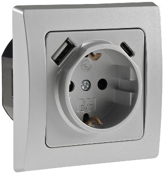 DELPHI Schutzkontakt-Steckdose, silber, 230V~/ 16A, Unterputz, USB-C / PD DELPHI Schutzkontakt-Steckdose, silber, 230V~/ 16A, Unterputz, USB-C / PD
