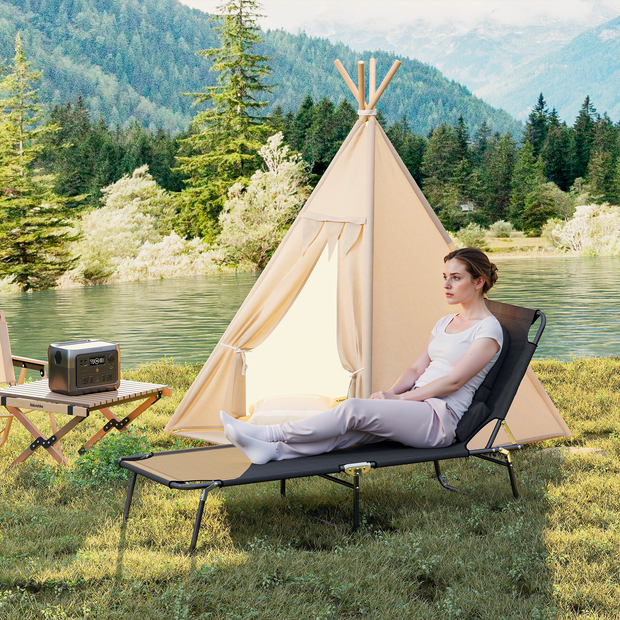 Sonnenliege mit Gesichtsloch & Kissen, klappbar, wasserabweisender Bezug, Metallrahmen, Schwarz