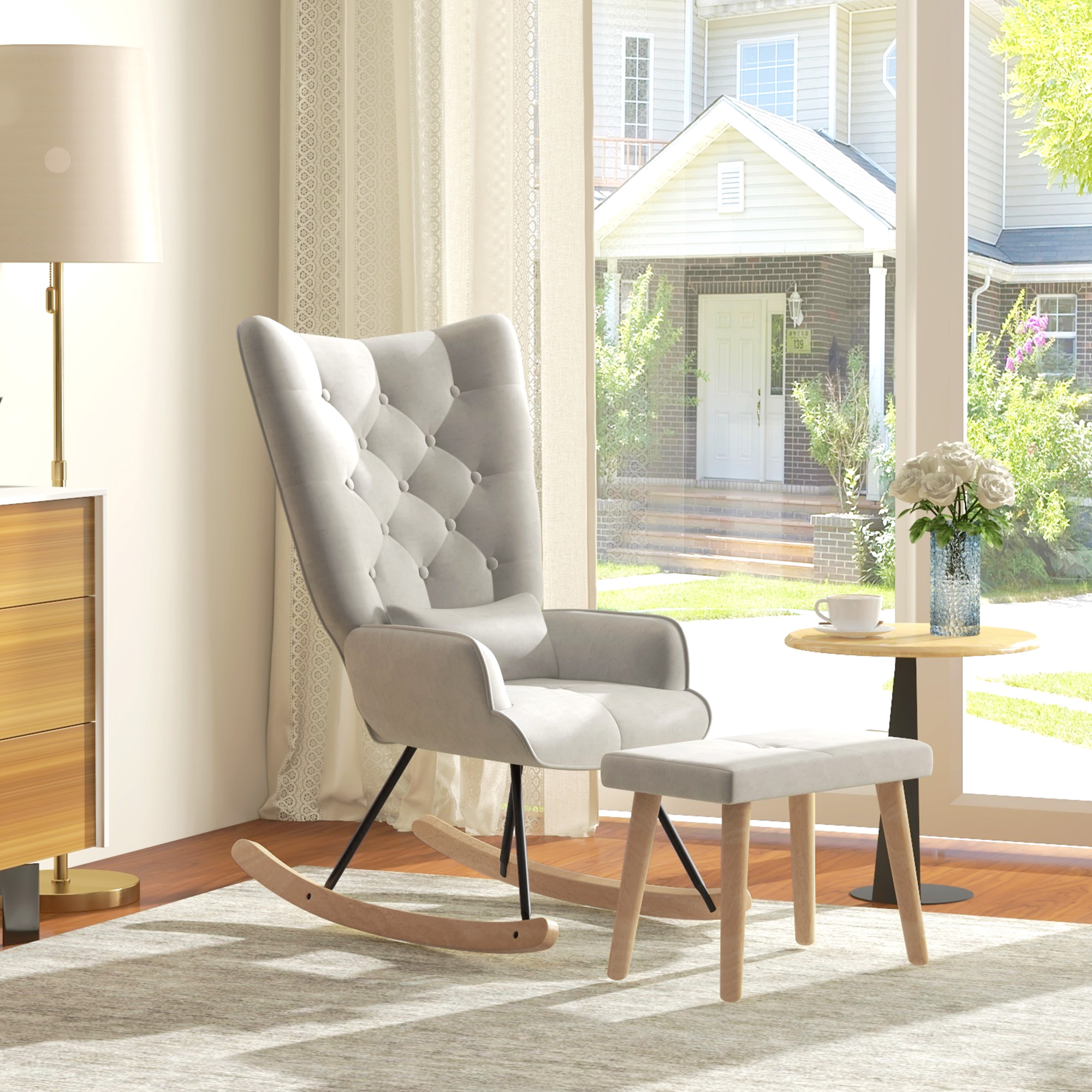 Schaukelsessel mit Hocker, gepolstert, hohe Rückenlehne, Samtoptik, bis 150 kg, Cremeweiß