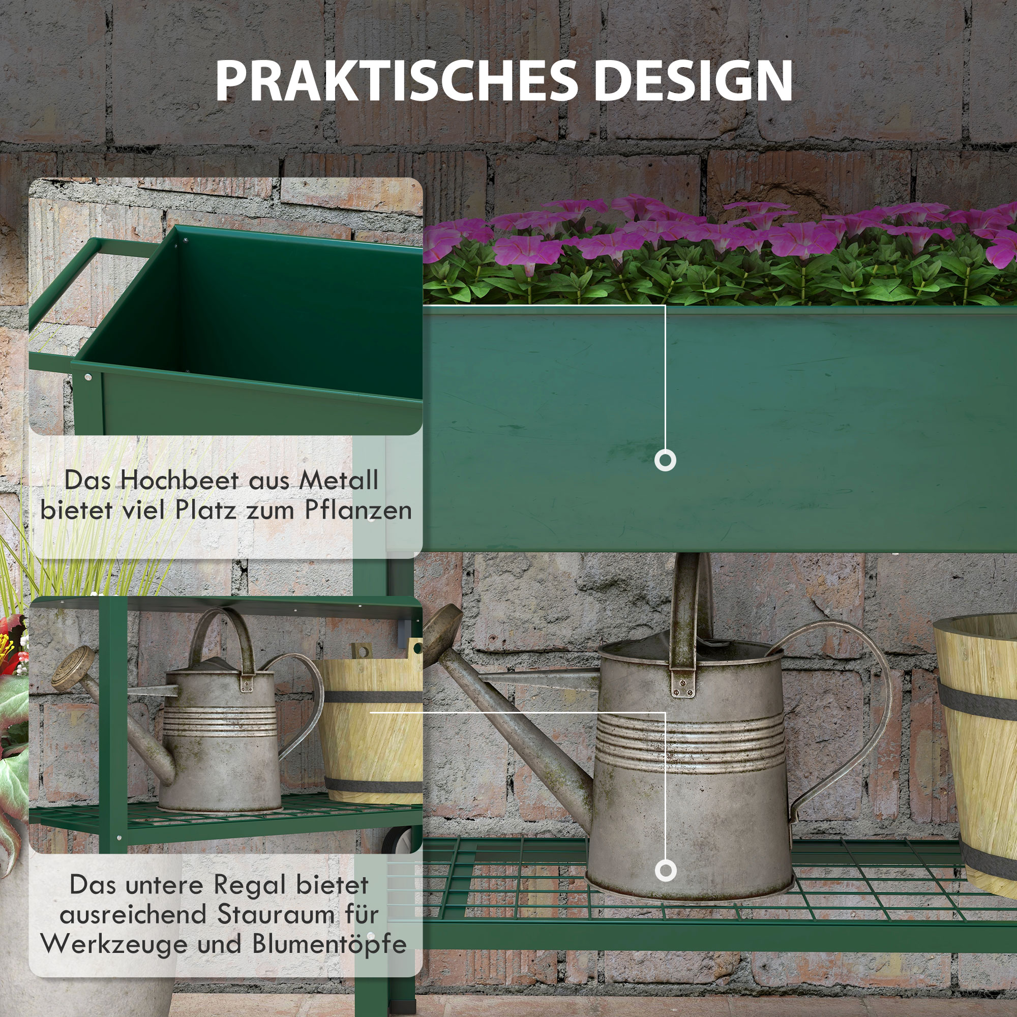 Hochbeet Pflanzbeet Pflanzkasten, 1 Ablage, 2 Rollen, 109 cm x 44 cm x 80 cm, Grün