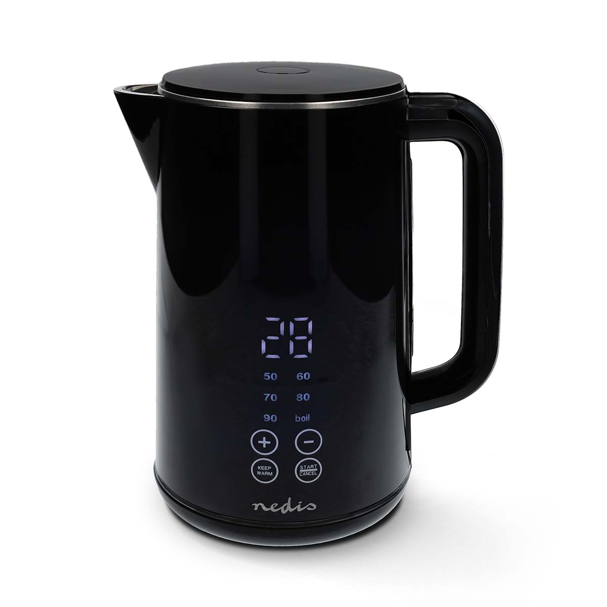 Wasserkocher | 1.7 l | Plastik | schwarz | 50,60,70,80,90,100 °C | Temperaturanzeige | Um 360 Grad drehbar | Verdecktes Heizelement | Strix Controller | Boil-dry protection
