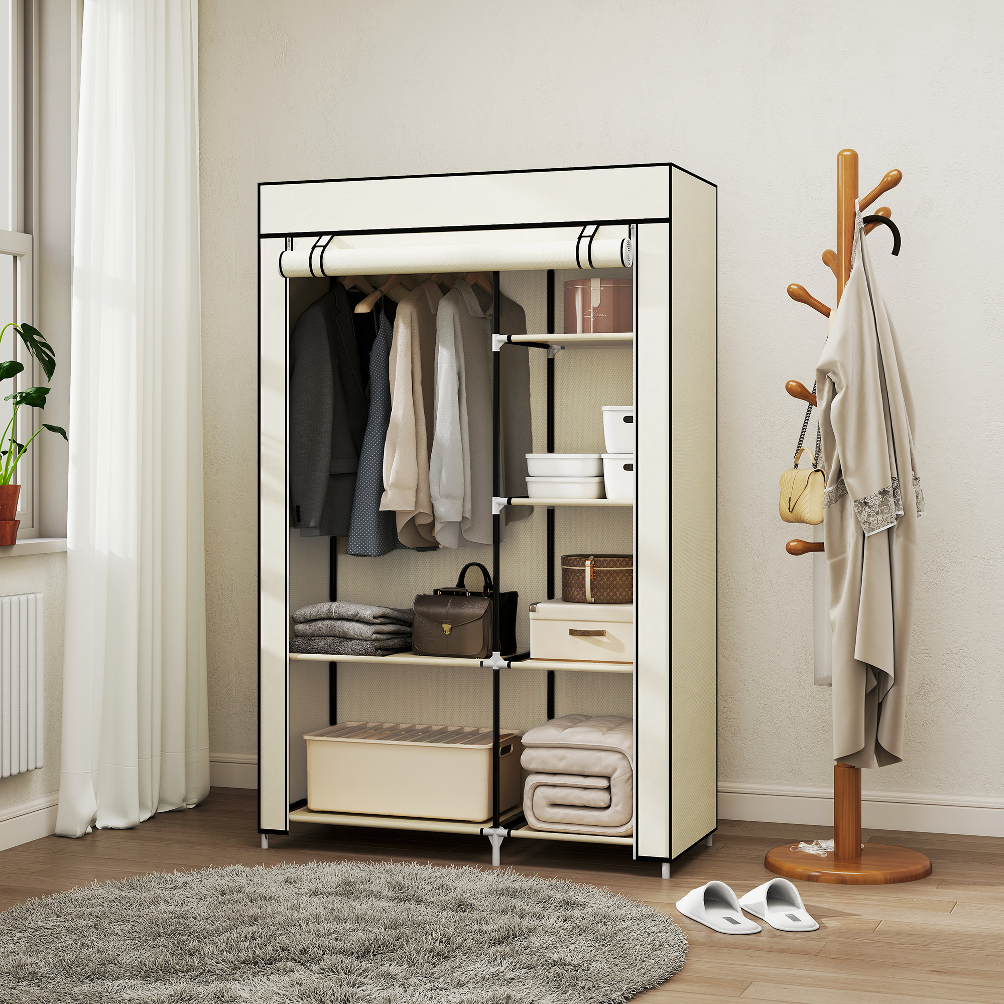 Schrank aus Stoff, Aufbewahrungslösung, 6 Regale, 1 Kleiderstange, Beige