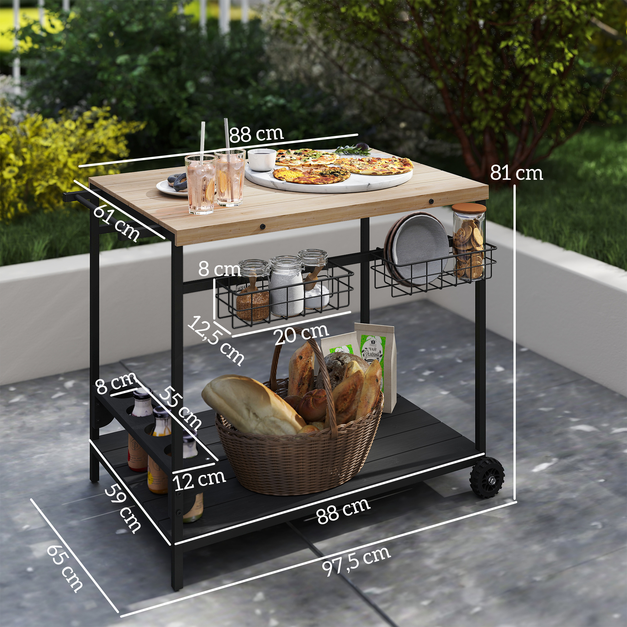 Servierwagen, Küchenwagen, 2 Etagen, 4 Flaschenhalter, In/Outdoor, Natur/Schwarz