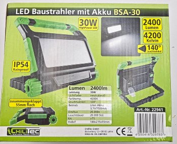 LED Baustrahler mit Akku "BSA-30", 30W, 2400lm, 4500K / neutralweiß