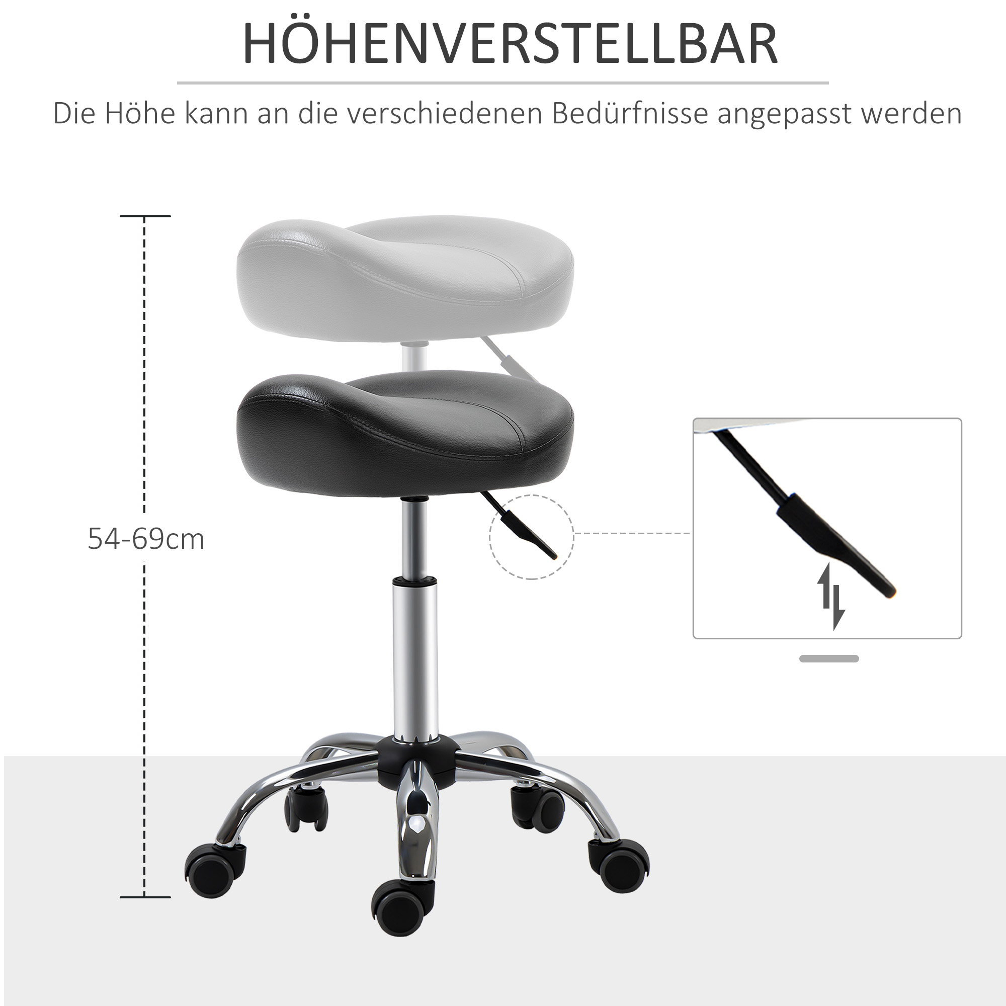 Salonhocker mit Sattelsitz, höhenverstellbar, Kunstleder, 48x48x54-69cm, Schwarz