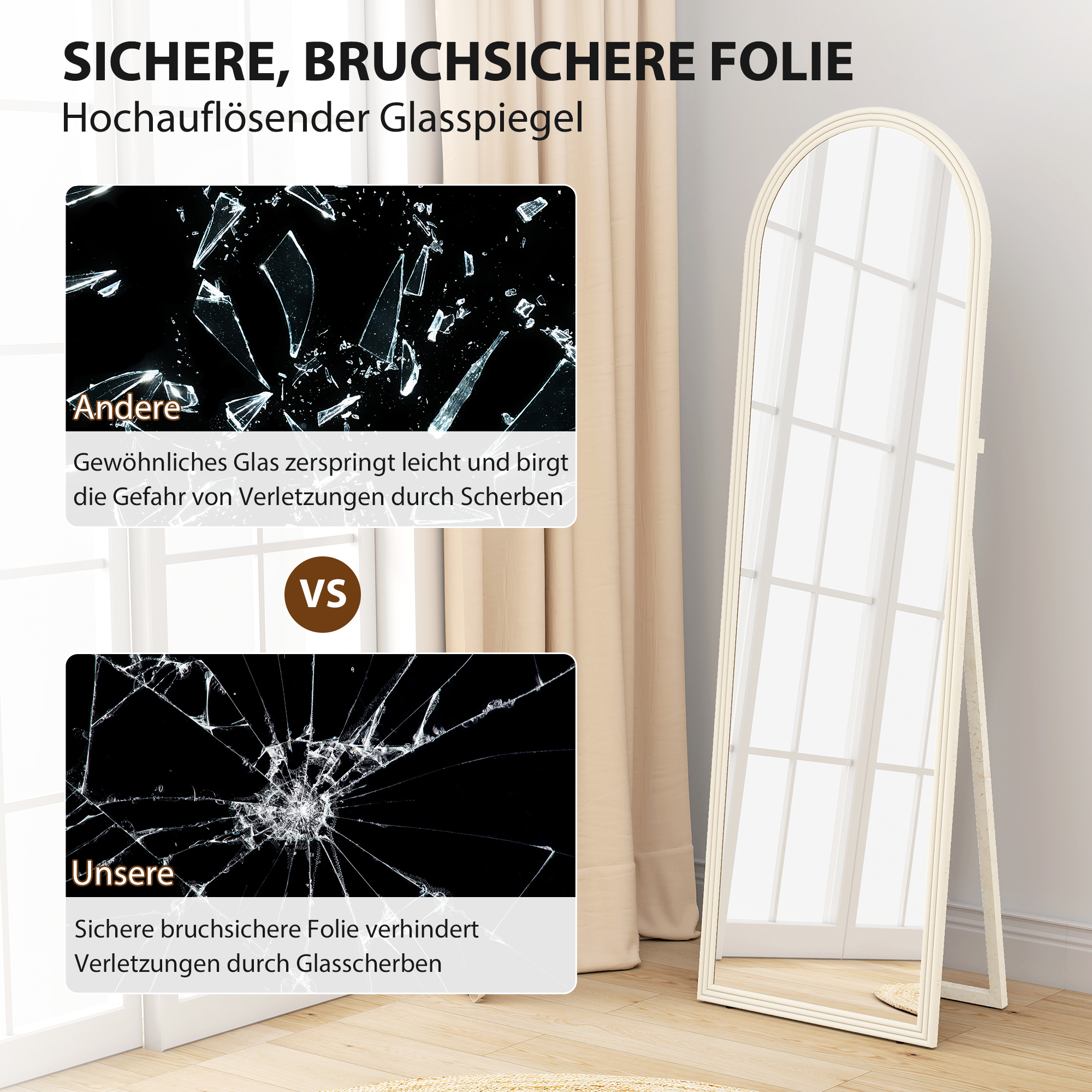 Ganzkörperspiegel, 50 x 160 cm, freistehend, Wandmontage, Bogenrahmen, Weiß