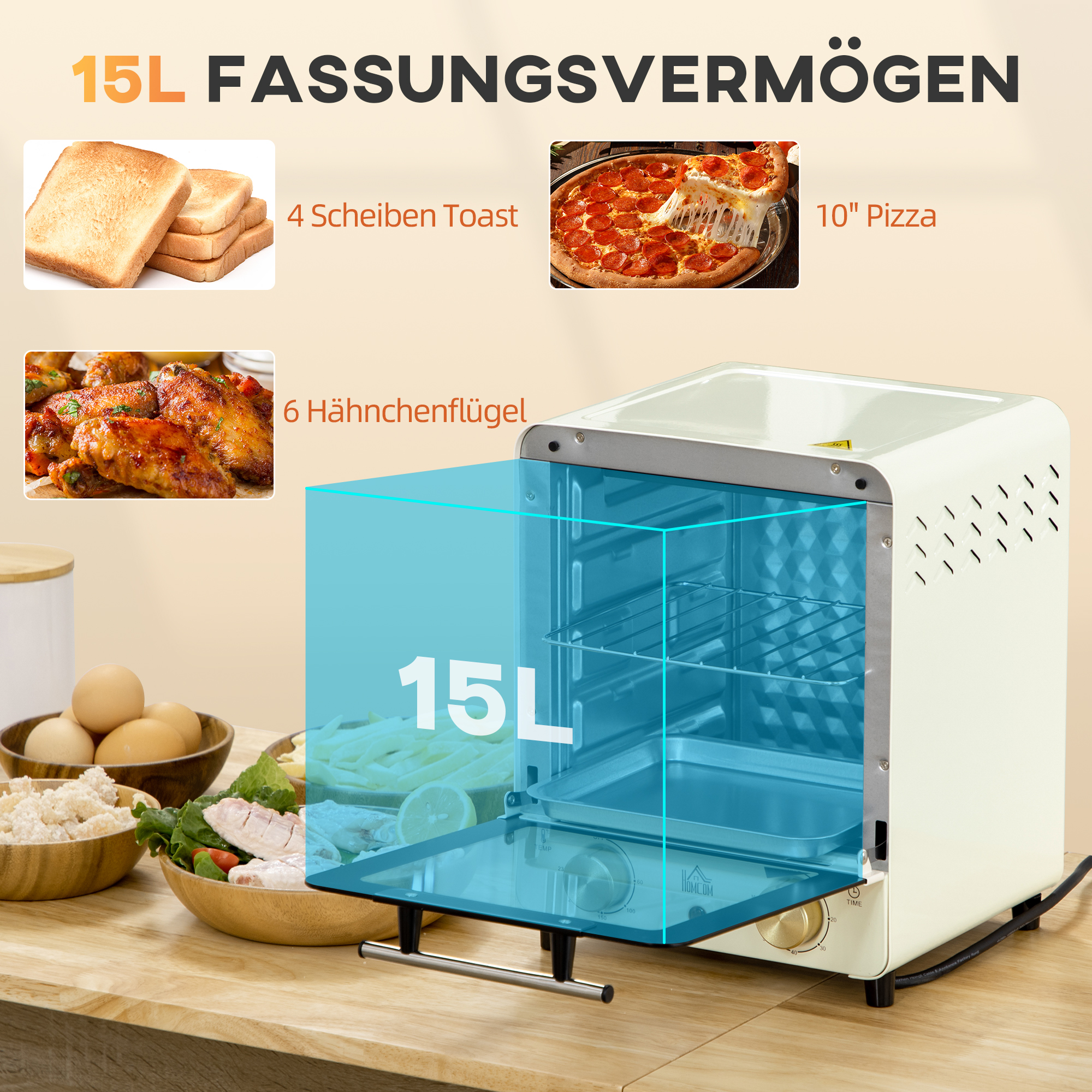 Mini Ofen 15L Fassungsvermögen, höhenverstellbares Backblech und Gitterrost, 1000W, Cremeweiß