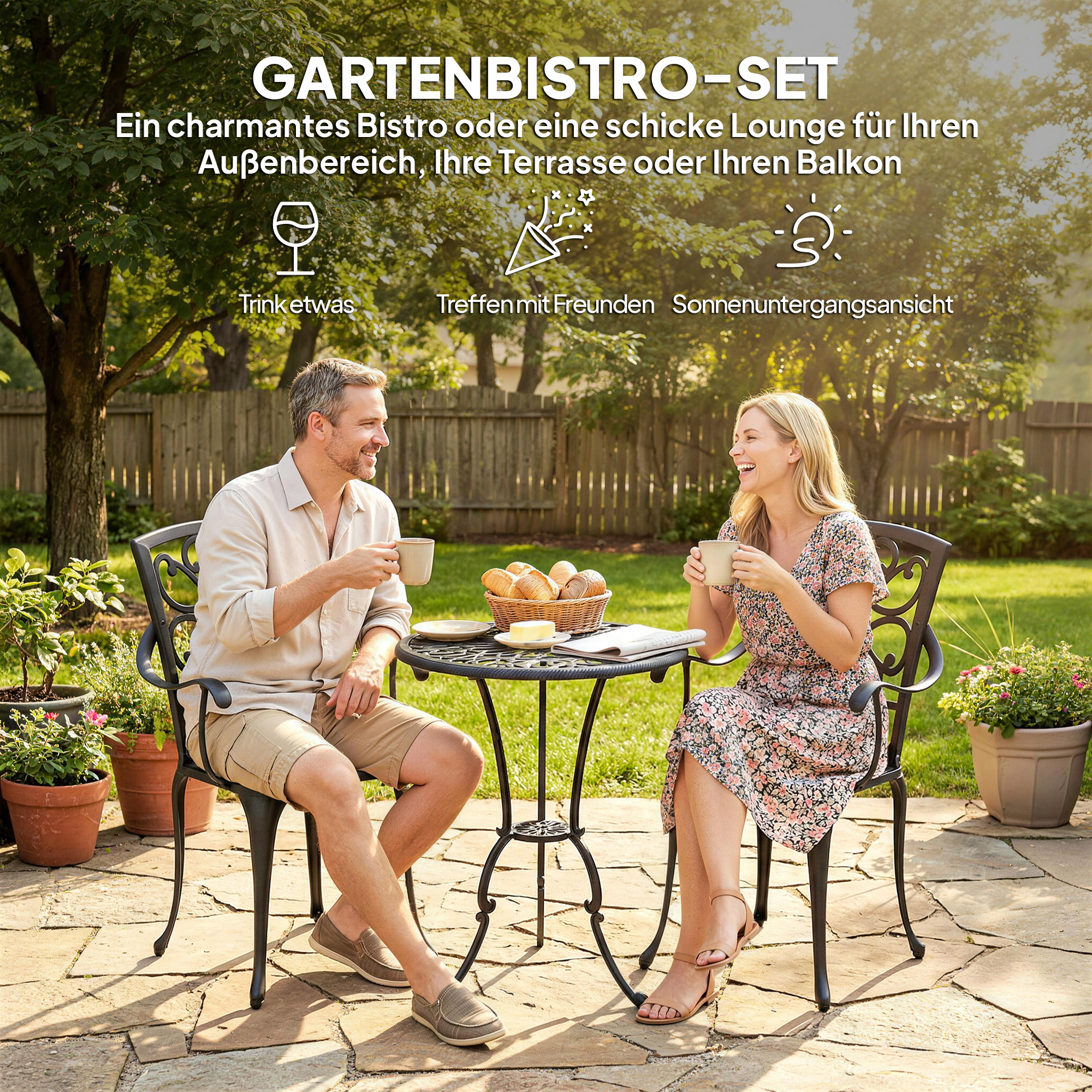 3-teiliges Garten Bistro Set runder Bistrotisch mit 2 Stühlen Sonnenschirmloch, Antik aus Aluminiumguss