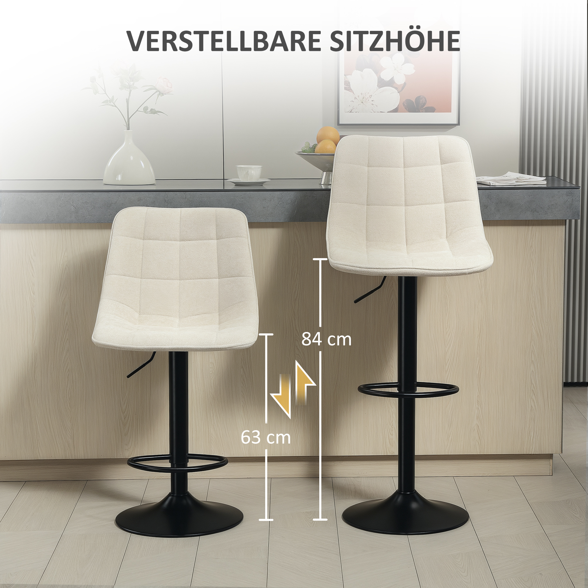 Moderner Barhocker, 2er-Set drehbare Barstühle mit Rückenlehne, höhenverstellbar, mit Fußstütze, gepolstert, Beige