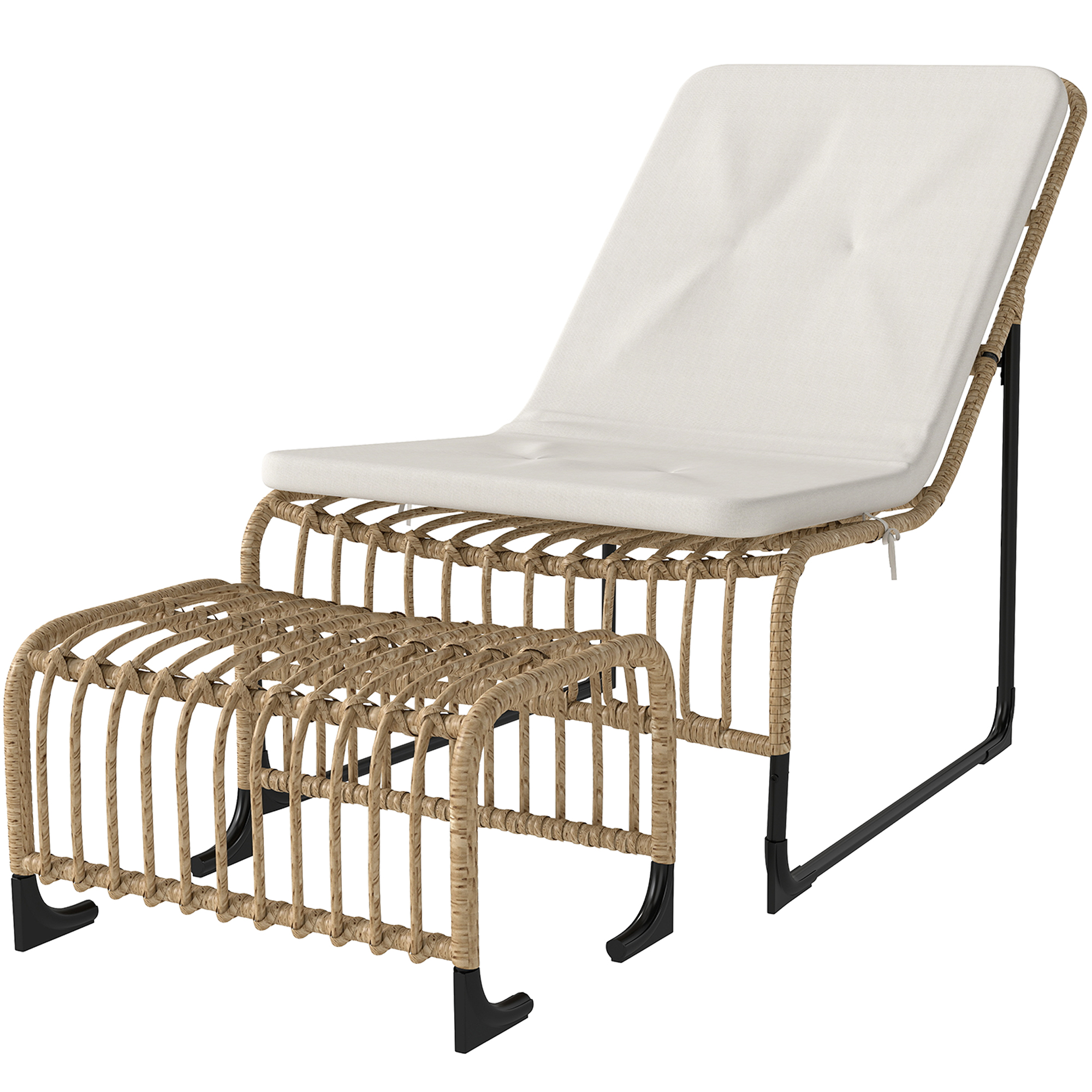 Rattan Relaxsessel mit Fußhocker UV-beständig Gartensessel mit Kissen Bänder 65 x 93 x 80 cm Naturholz