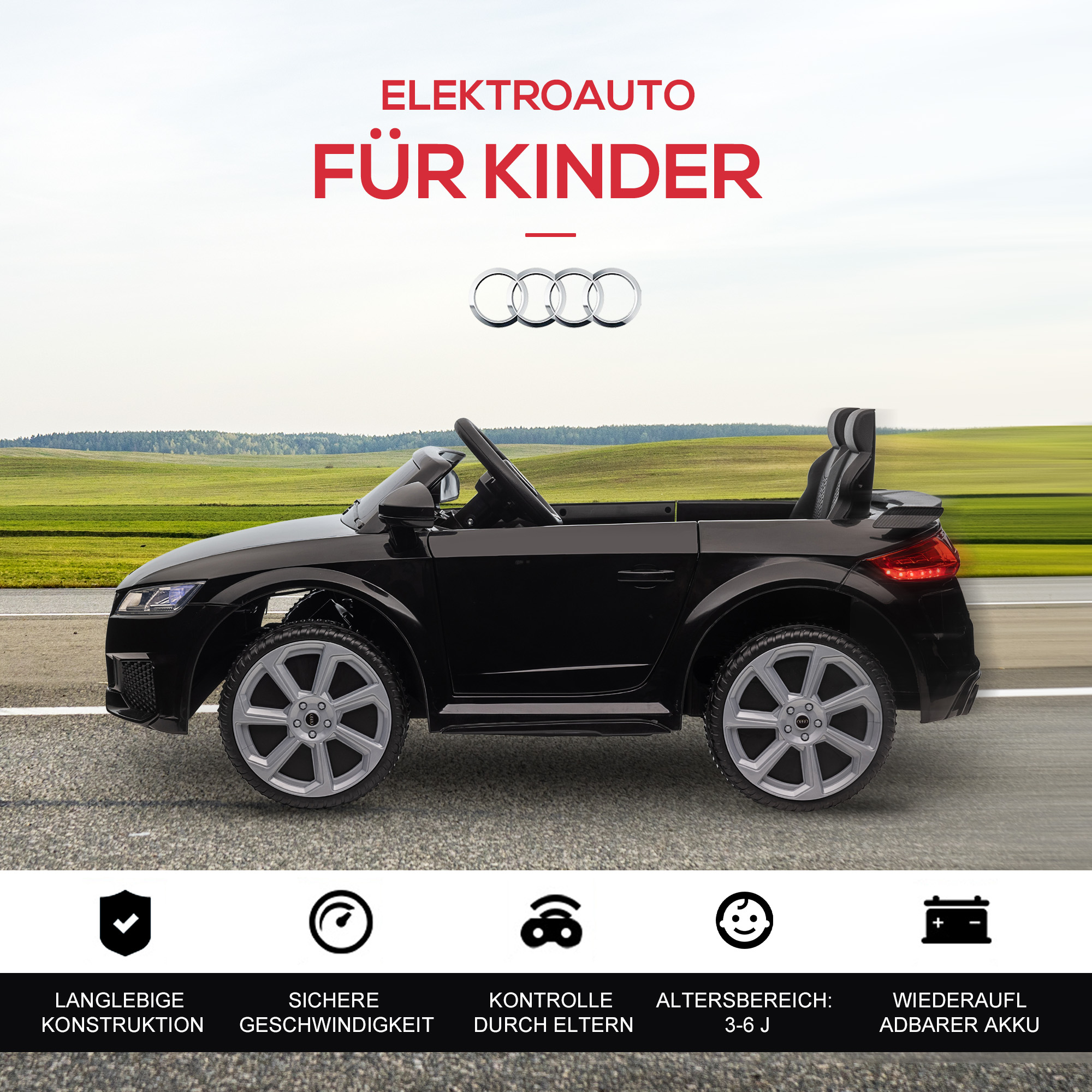 Kinder-Elektroauto Audi, mit 2,4G Fernbedienung, Musik, Hupe, LED, USB, für Kinder 3-5 Jahre, Schwarz
