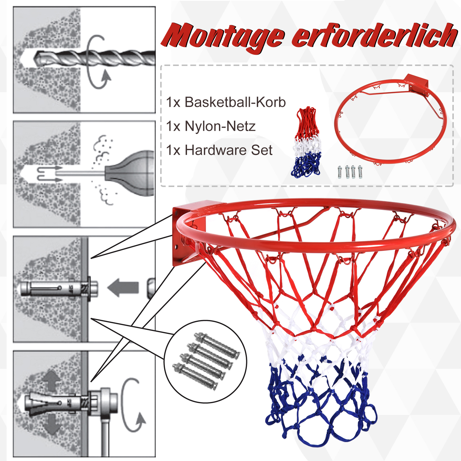 Basketballkorb, Indoor & Outdoor mit Ø46 cm Korb und Netz, Wandmontage, Basketball Board für Erwachsene, Rot + Blau + Weiß