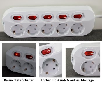 Steckdosenleiste mit Einzelschaltung, 5-fach, weiß, 1,5m Kabel
