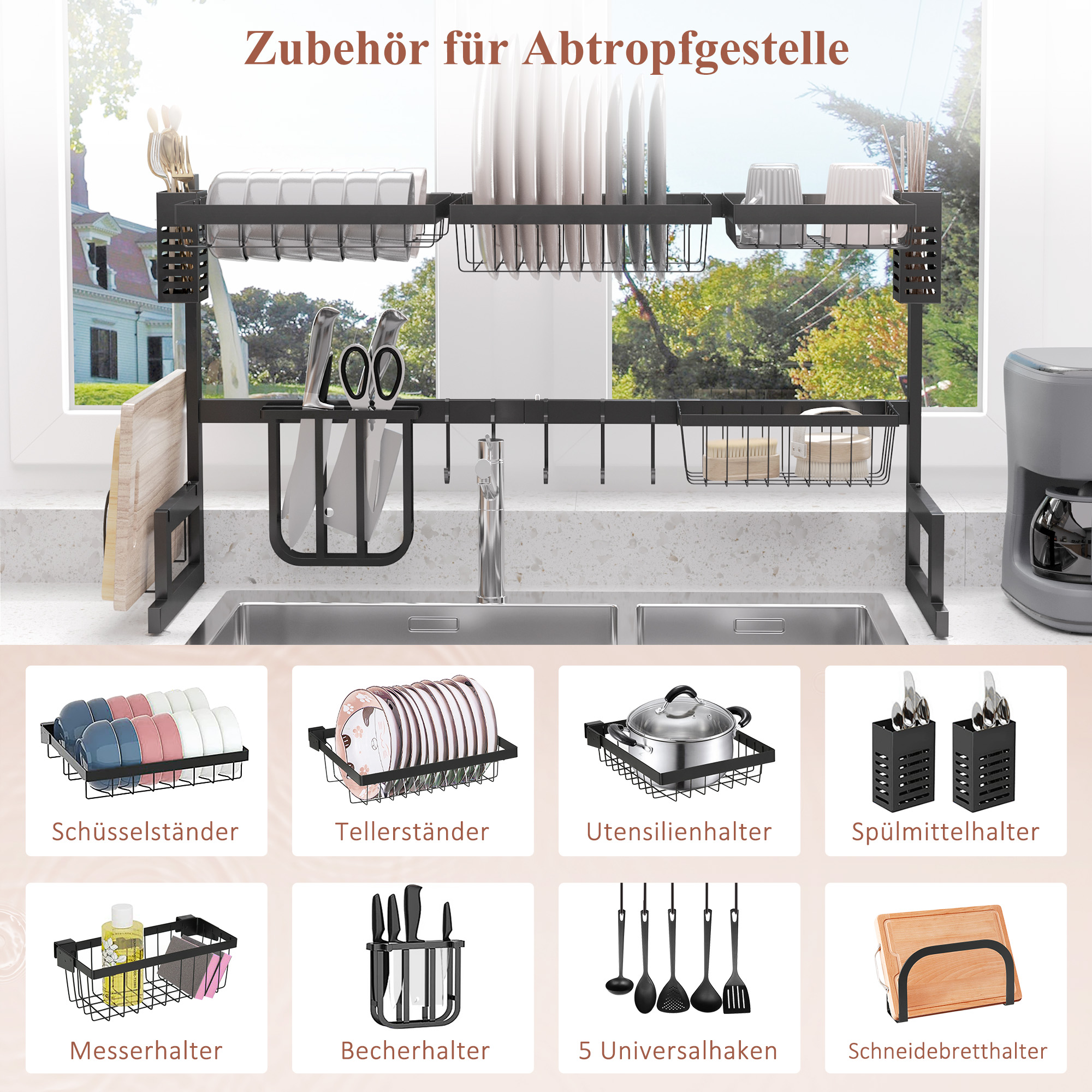 Geschirrkorb, Modularer Geschirrhalter aus Metall, bis zu 23 kg belastbar, Schwarz