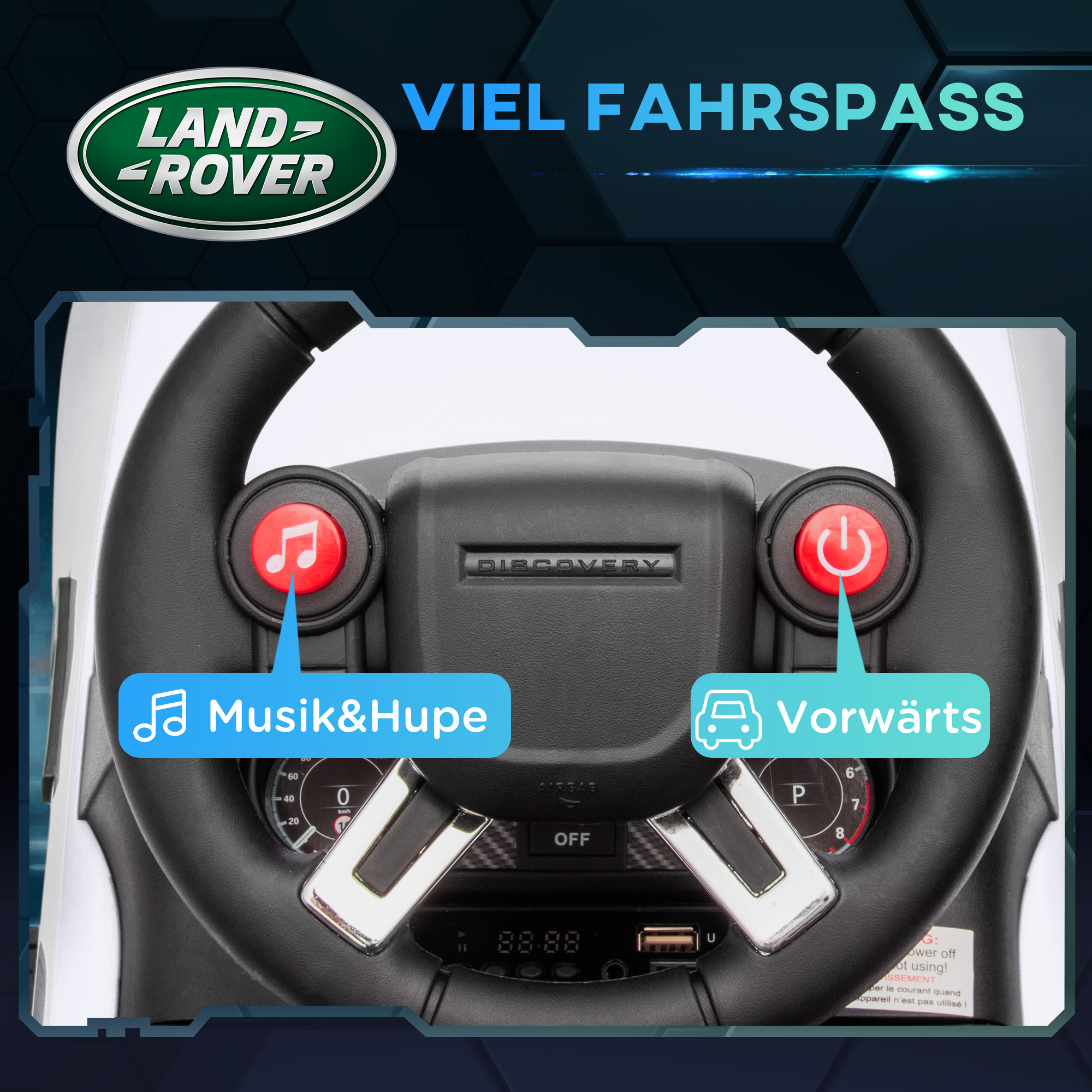 Elektro Kinderauto 6V, Land Rover, Fahr-/Schiebemodus, Scheinwerfer, Musik, Weiß