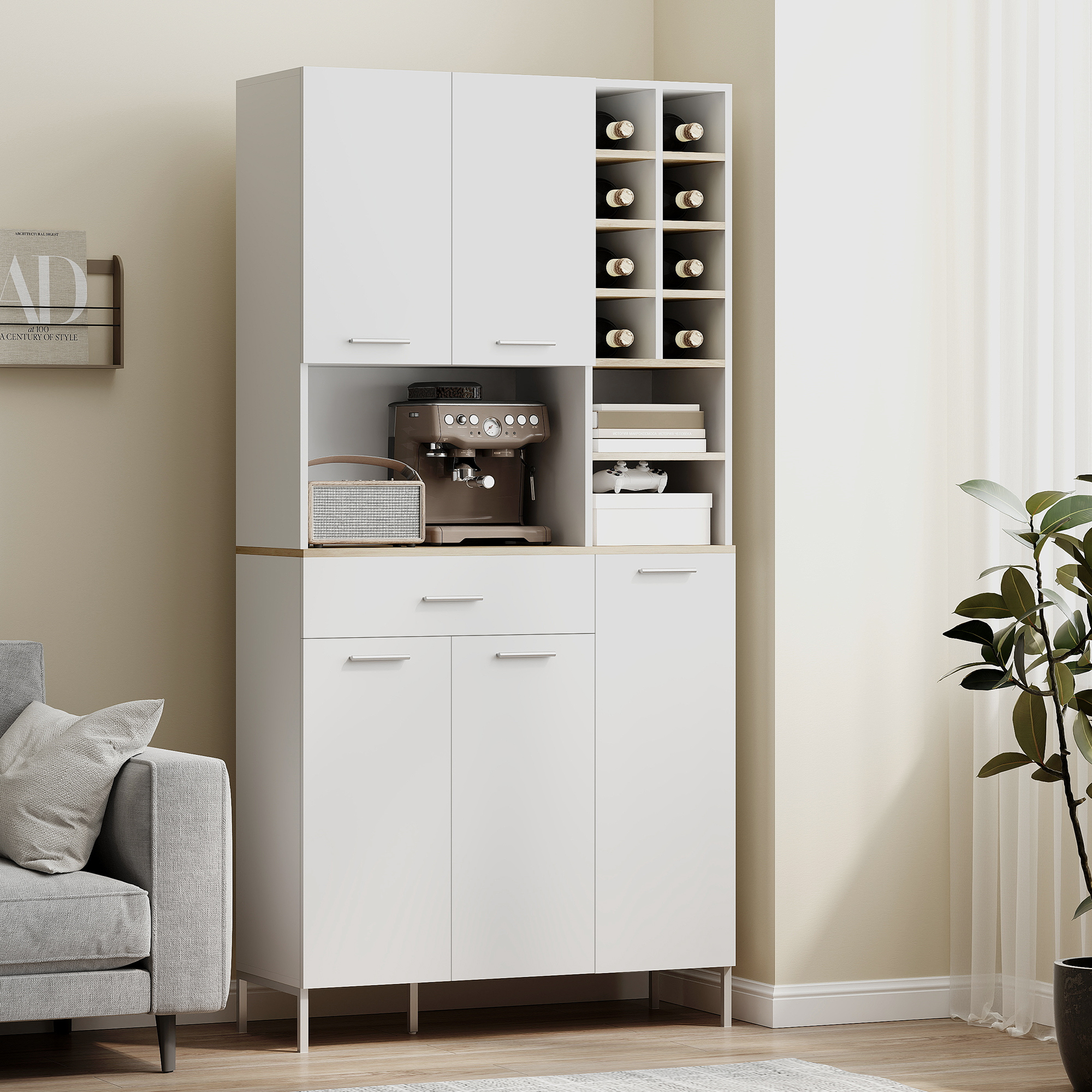 Küchenschrank mit offenen Regalen, Fächern, Weinregal, Vorratsschrank mit 5 Schranktüren, MDF, Weiß