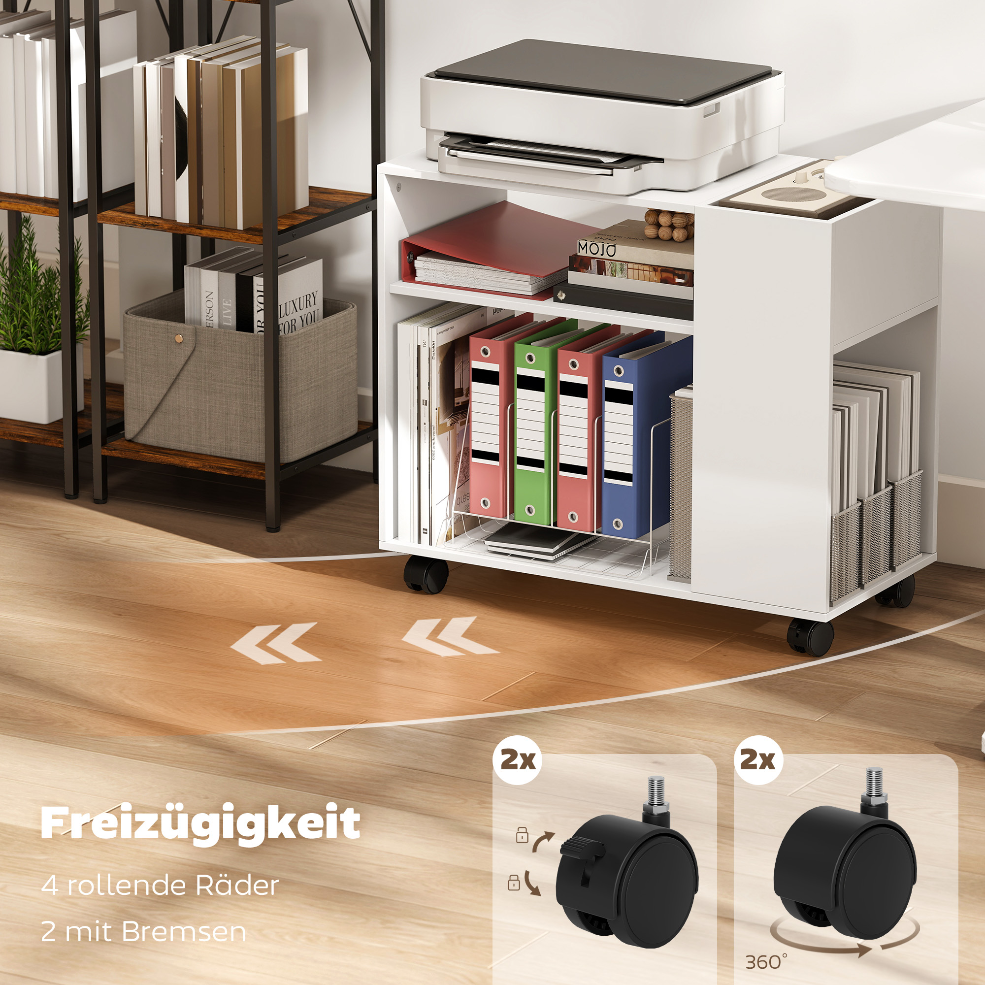 Druckerständer Druckertisch mit Unterteiltem Fach, Ablageflächen für Büro 70 x 34 x 60 cm Weiß