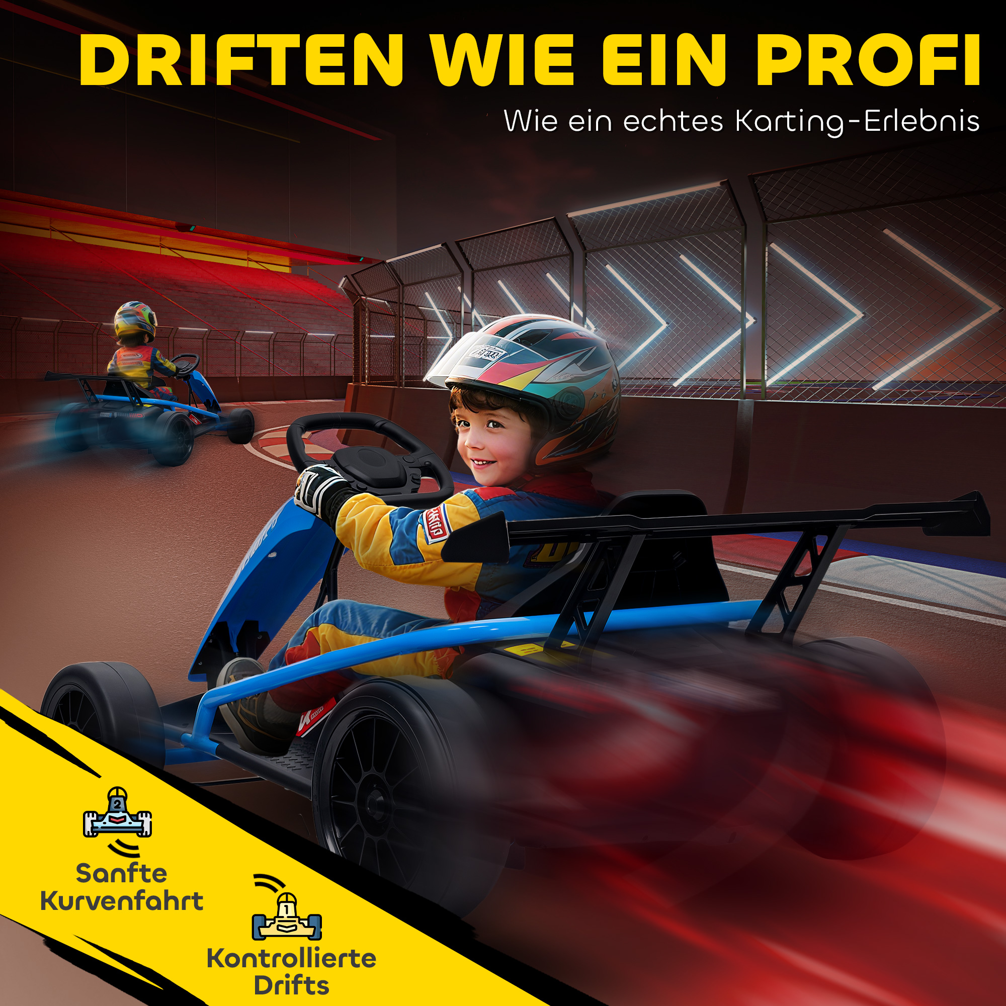 24V Elektro-Go-Kart zum Fahren und Driften, Nylon-Reifen, Sicherheitsgurt, Hupe, Musik für 8-12 Jahre Blau