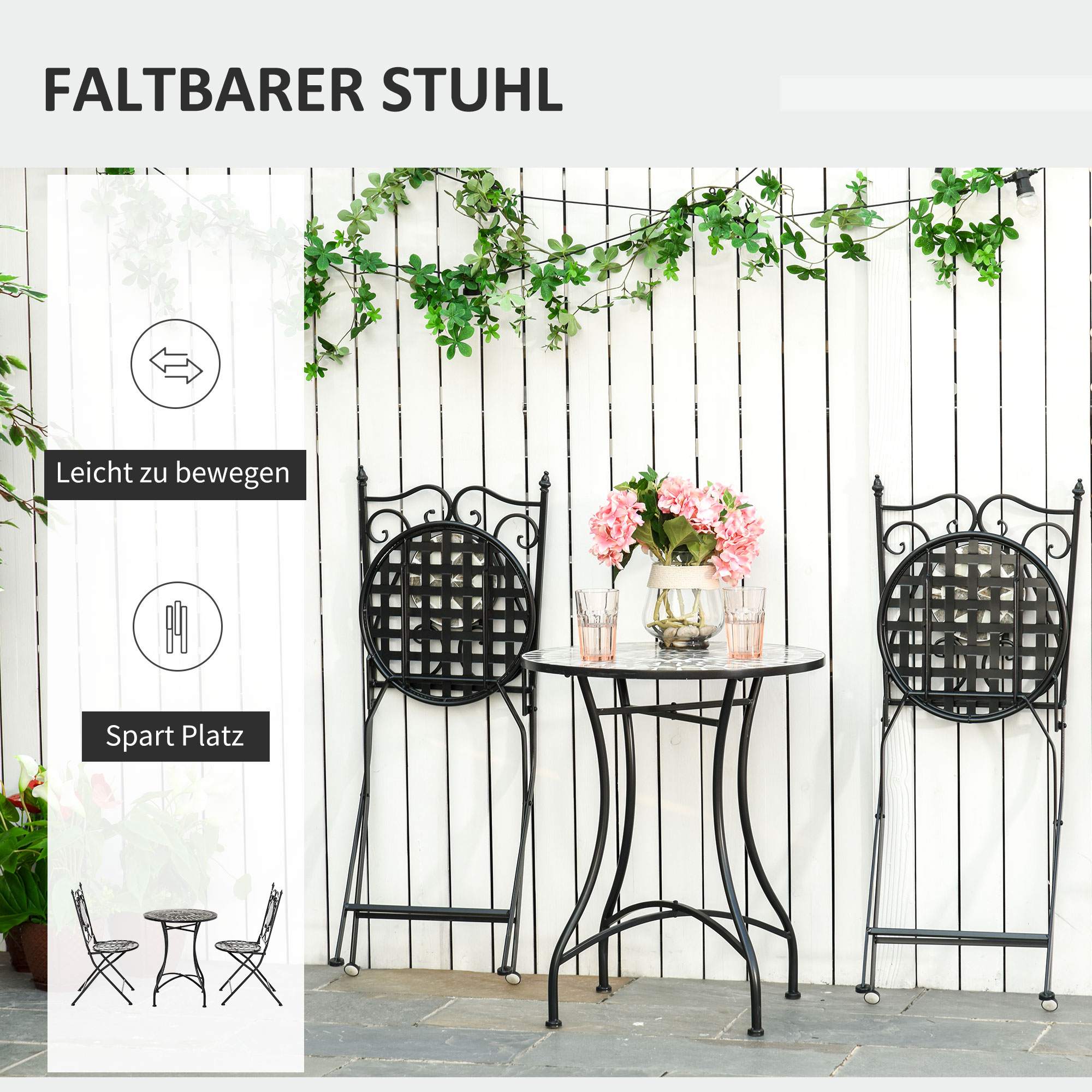 Garten Sitzgruppe für 2 Personen Balkonmöbel Set Mosaiktisch+faltbare Stühle Metall Keramikfliese Mehrfarbig