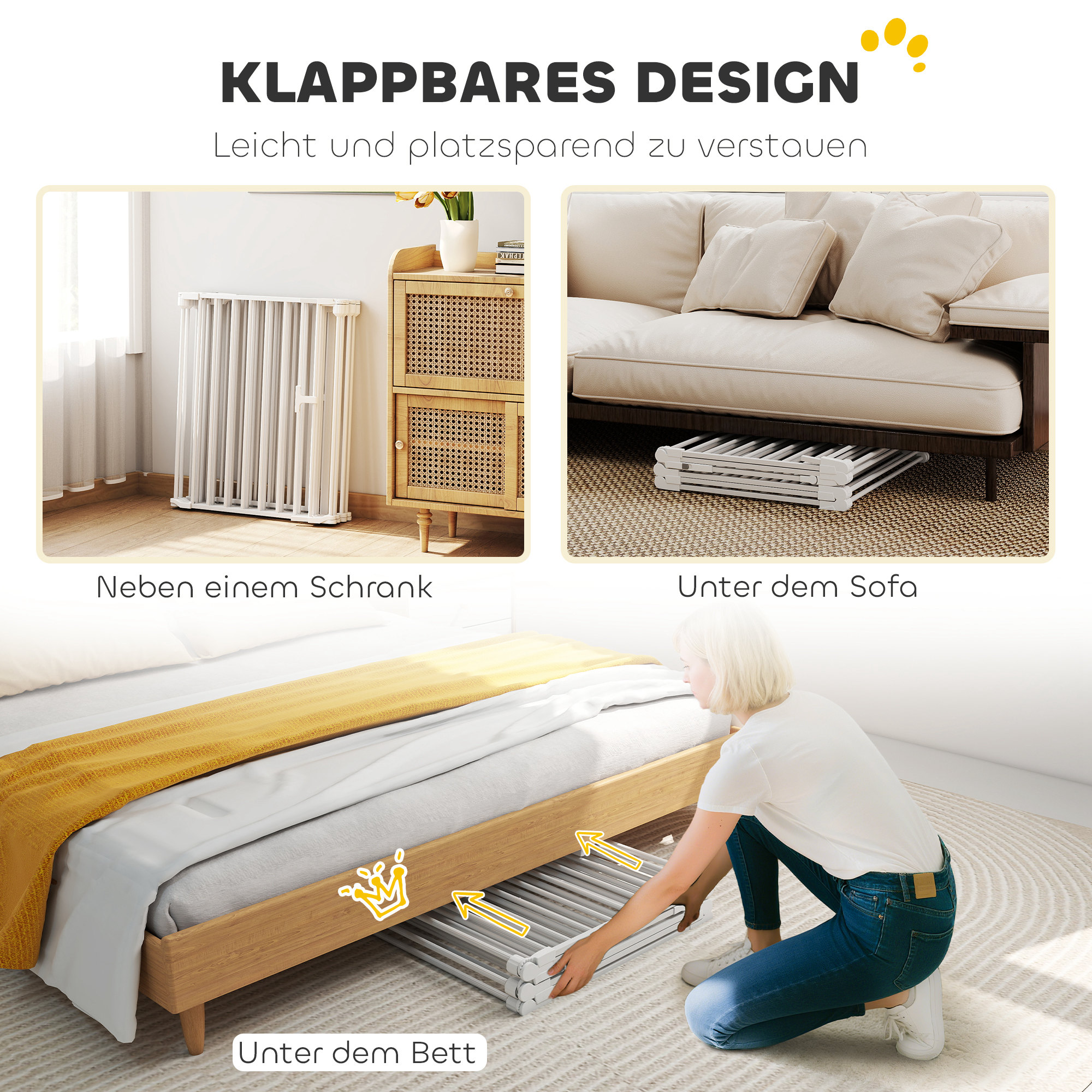 Haustierzaun, 6-Panel-Barriere mit Tür, faltbar, für kleine & mittelgroße Hunde, Kunststoff, Kohlenstoffstahl, Weiß