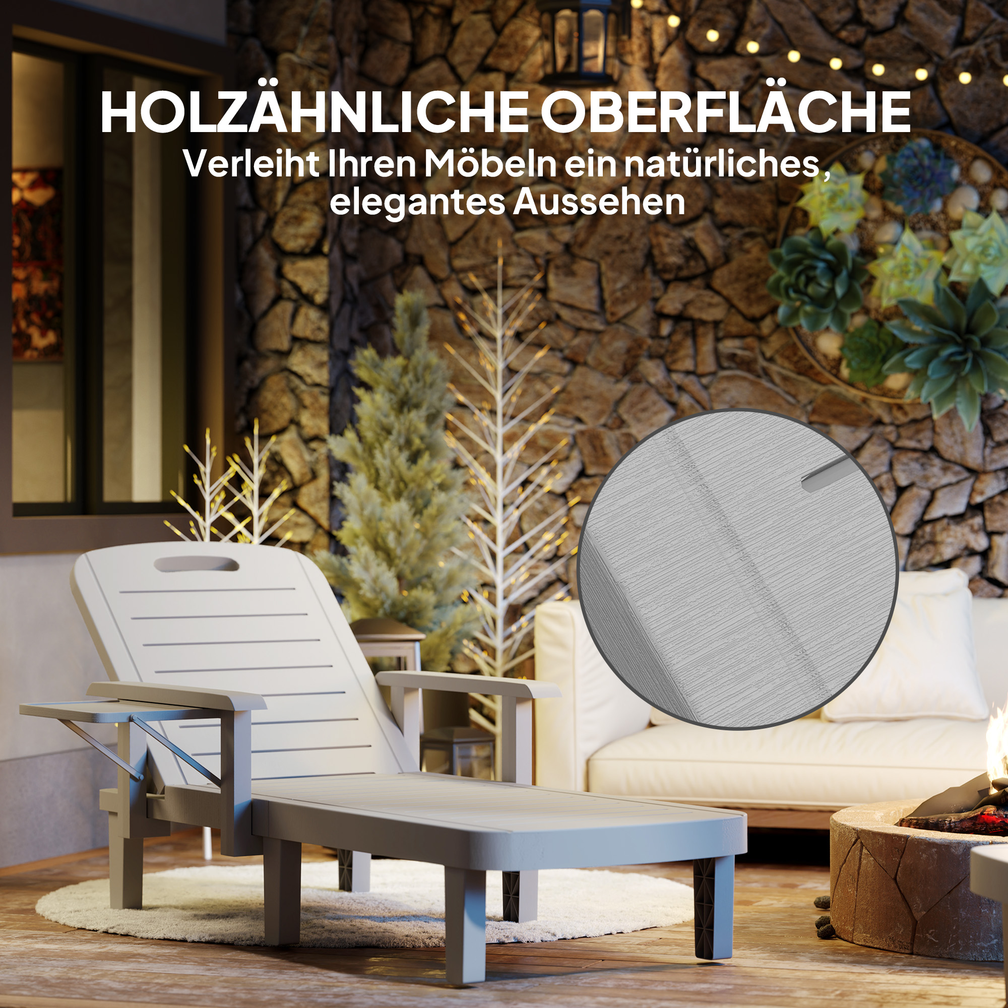 Sonnenliege Gartenliege mit Seitentisch Holzoptik Liegestuhl mit 5-Fach verstellbare Rückenlehne Hellgrau
