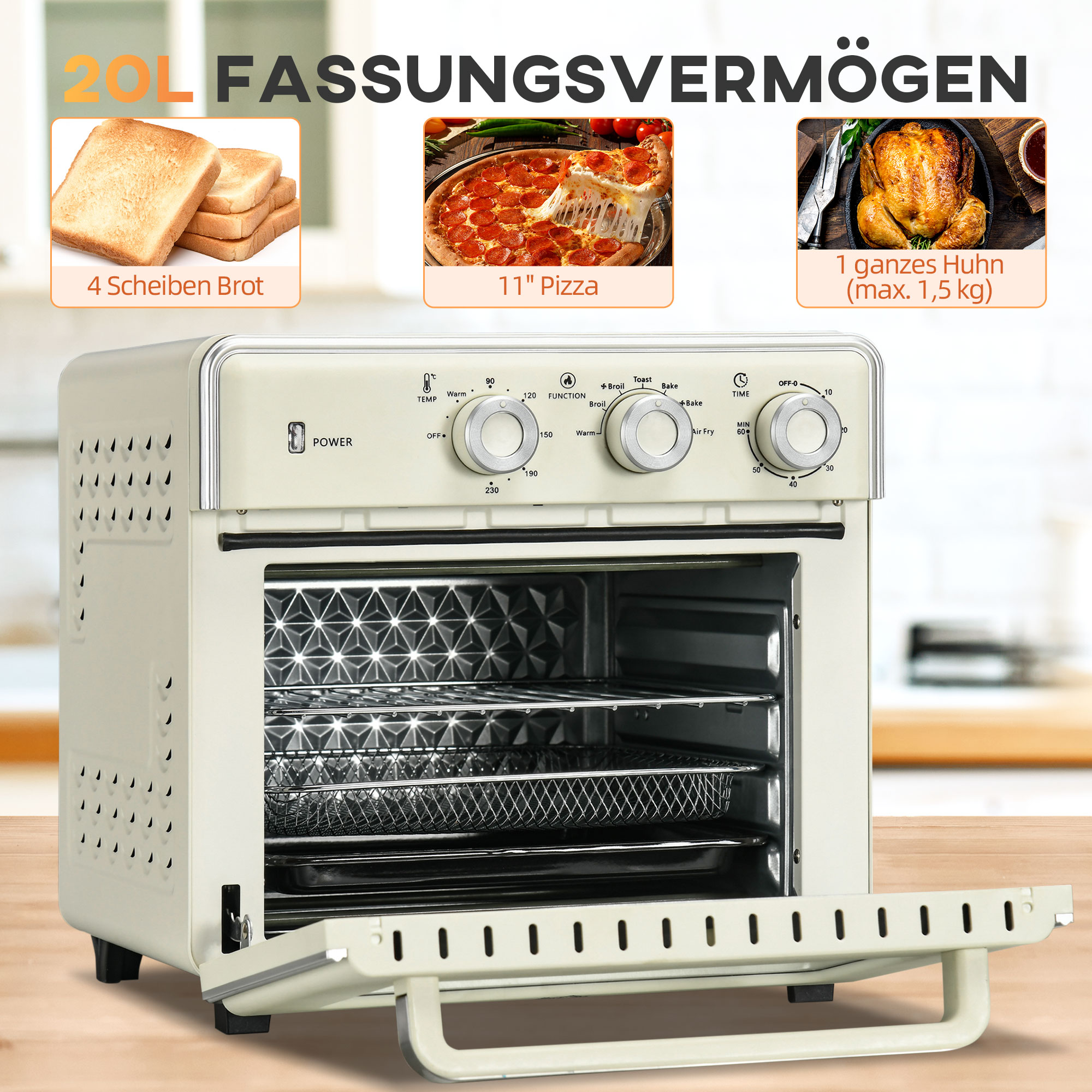 5-in1 Mini Ofen, 20 L Fassungsvermögen, 1400W, 1 Backrost, 1 Backblech, 60 Min. Timer