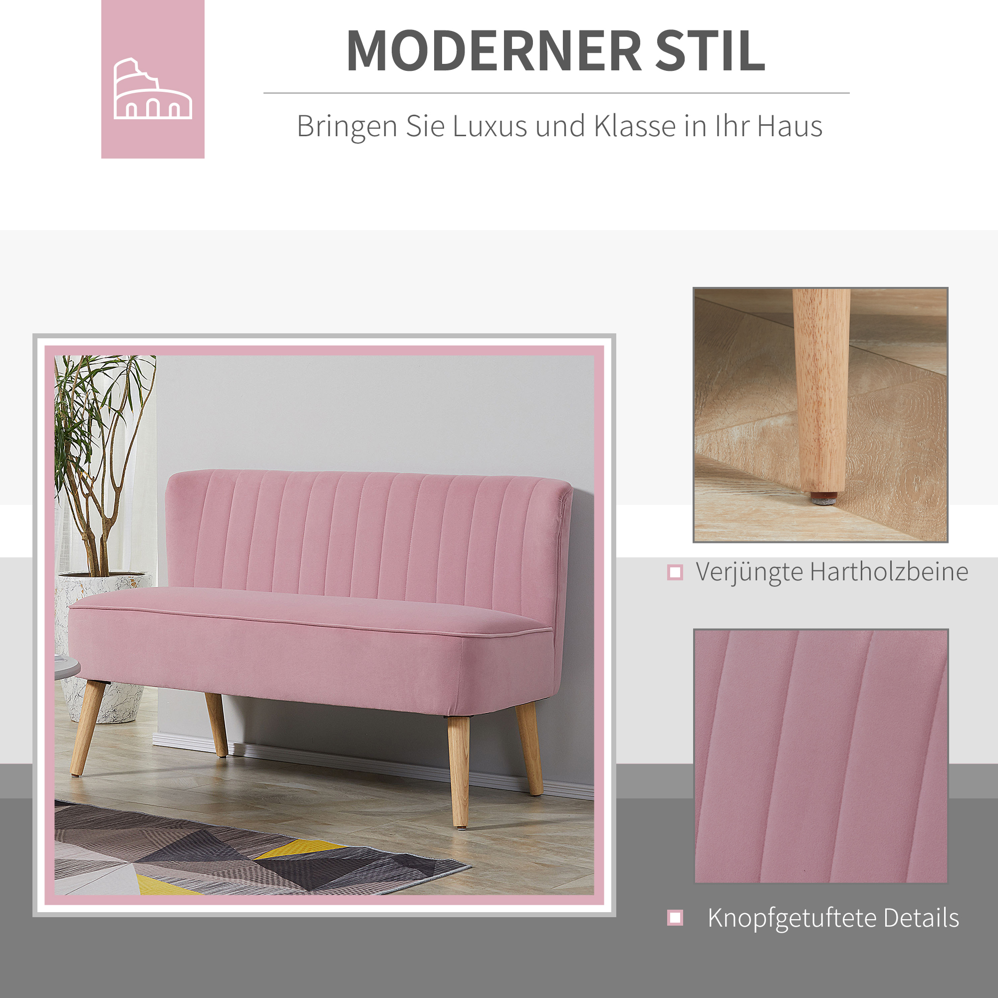 2-Sitzer Stoffsofa Polstersofa Doppelsofa Sitzmöbel Loungesofa Holz Samtartiges Polyster Schaumstoff Rosa 117 x 56,5 x 77 cm
