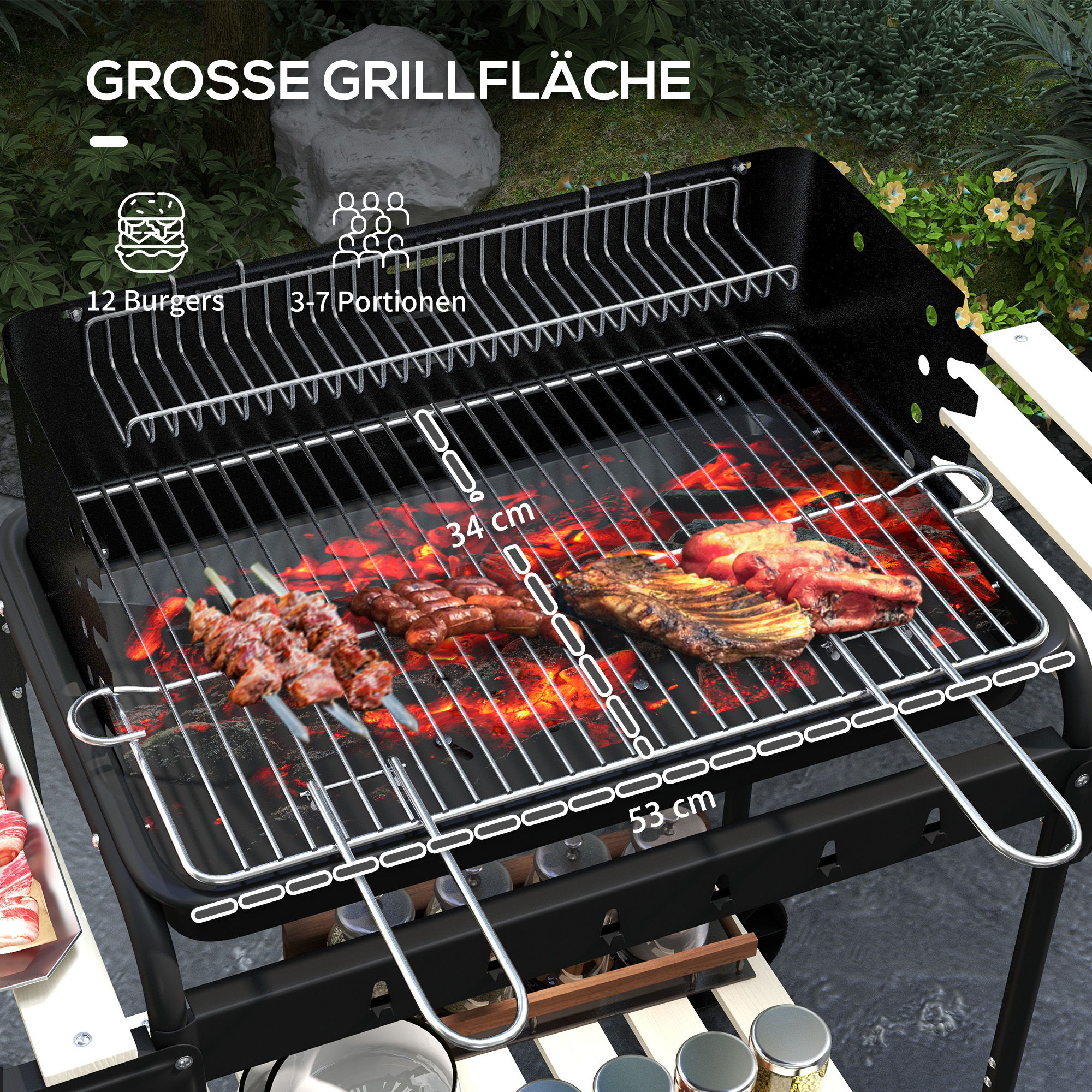 Holzkohlegrill aus Metall BBQ Smoker mit Räder, höheverstellbar Grillrost, Holzablage 103x47x95 cm Schwarz