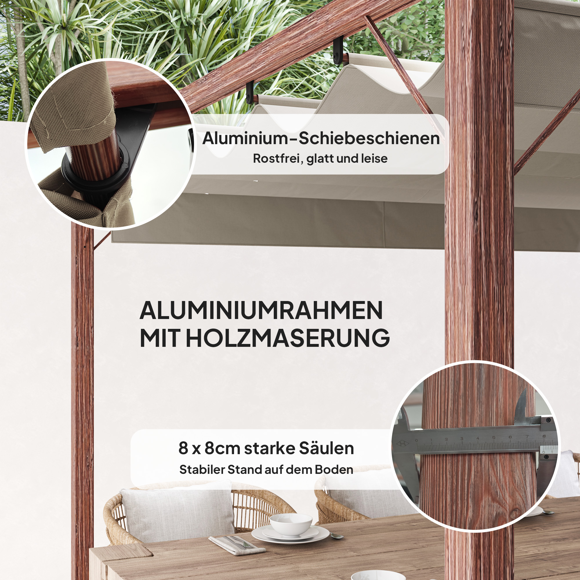 3 x 3 m Garten-Pergola, Verstellbares Terrassendach, Aluminium-Rahmen, UPF30+ Sonnenschutz, Naturholz