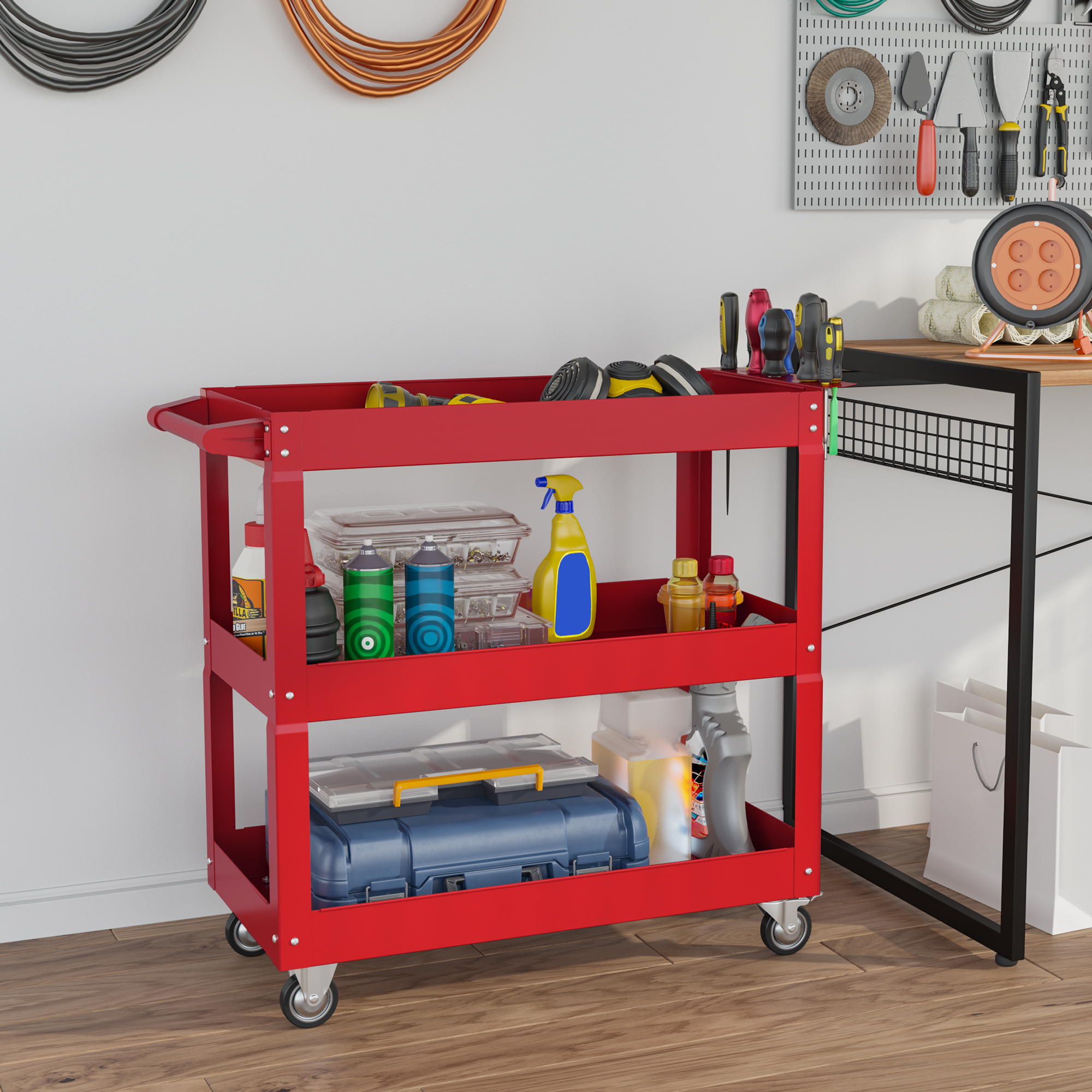3-stufiger Werkzeugwagen, 4 Rollen, Stahl, 83B x 35,3T x 76H cm, Rot