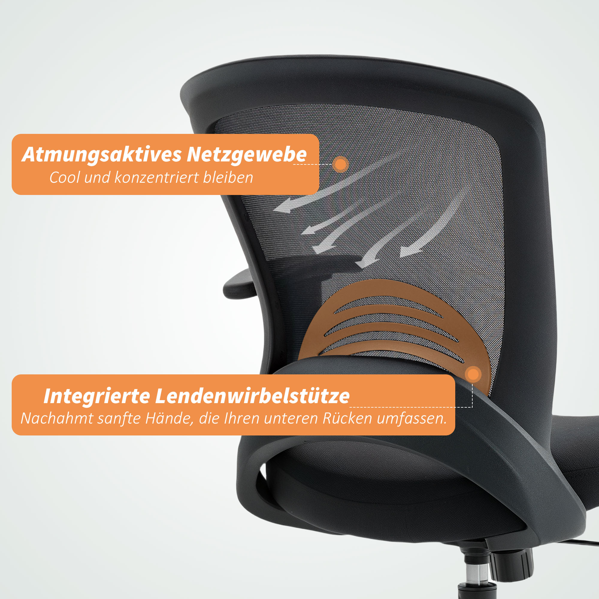 Netz-Bürostuhl, verstellbarer Schreibtischstuhl mit Netzstoff-Rückenlehne, rollbar, mit Kippfunktion, Schwarz