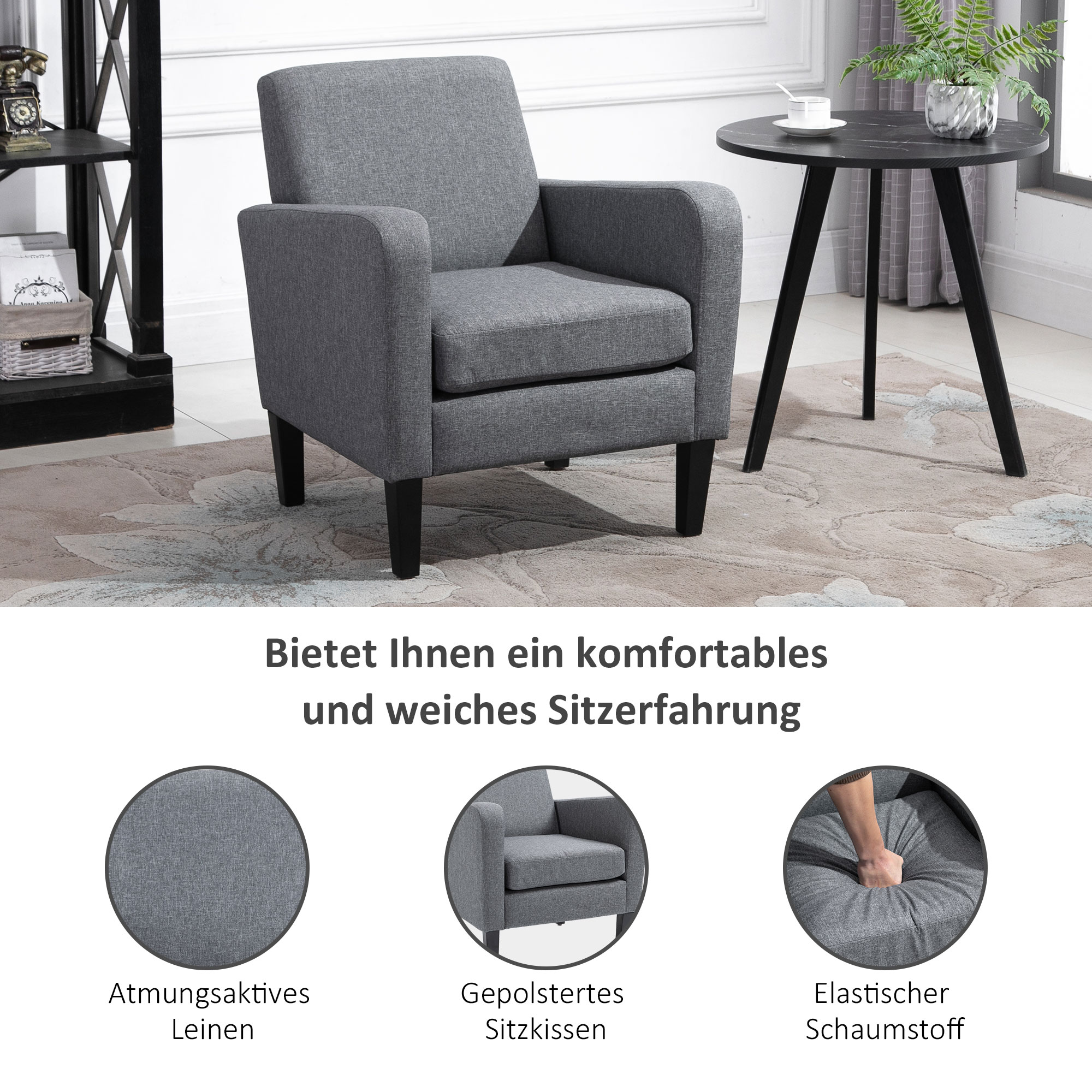 Einzelsessel, Relaxsessel, Polstersessel mit Holzfüßen, Stoff in Leinenoptik, 66 x 72 x 74 cm, Hellgrau