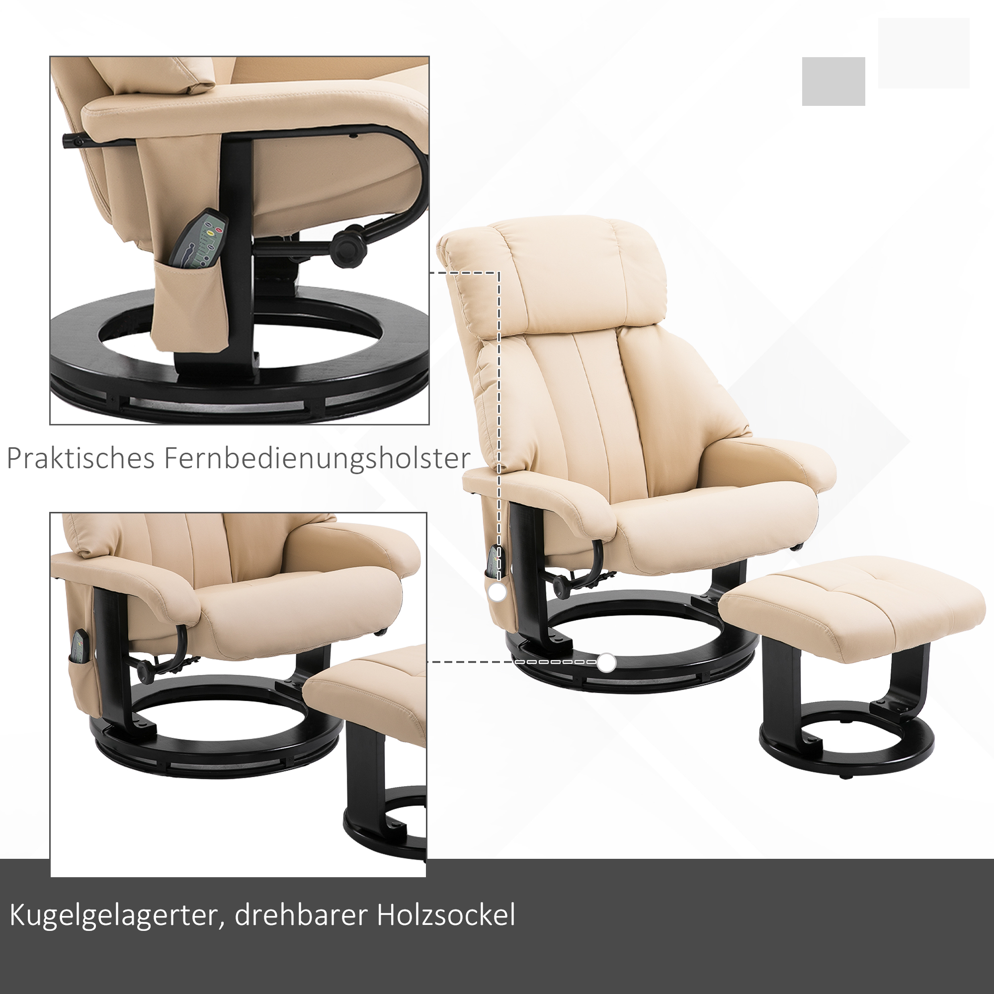 Relaxsessel mit Hocker, drehbarer Fernsehsessel mit Massagefunktion, Liegefunktion, Massagesessel mit Fernbedienung, Seitentasche, Ruhesessel aus Kunstleder für Wohnzimmer Cremeweiß
