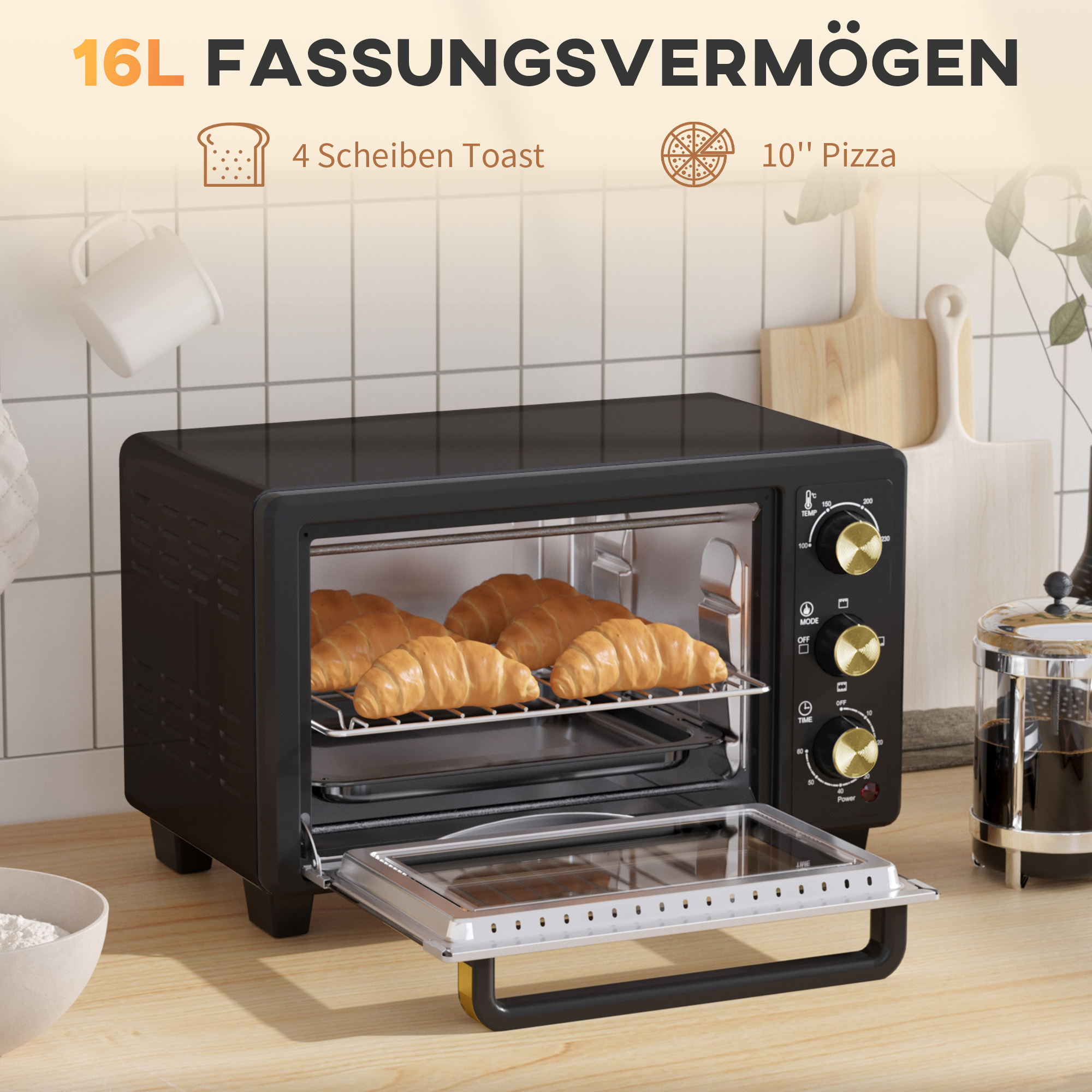 Mini-Ofen, Toasterofen, Timer, Gitterrost, Backblech, Glasfenster, Metall, Schwarz