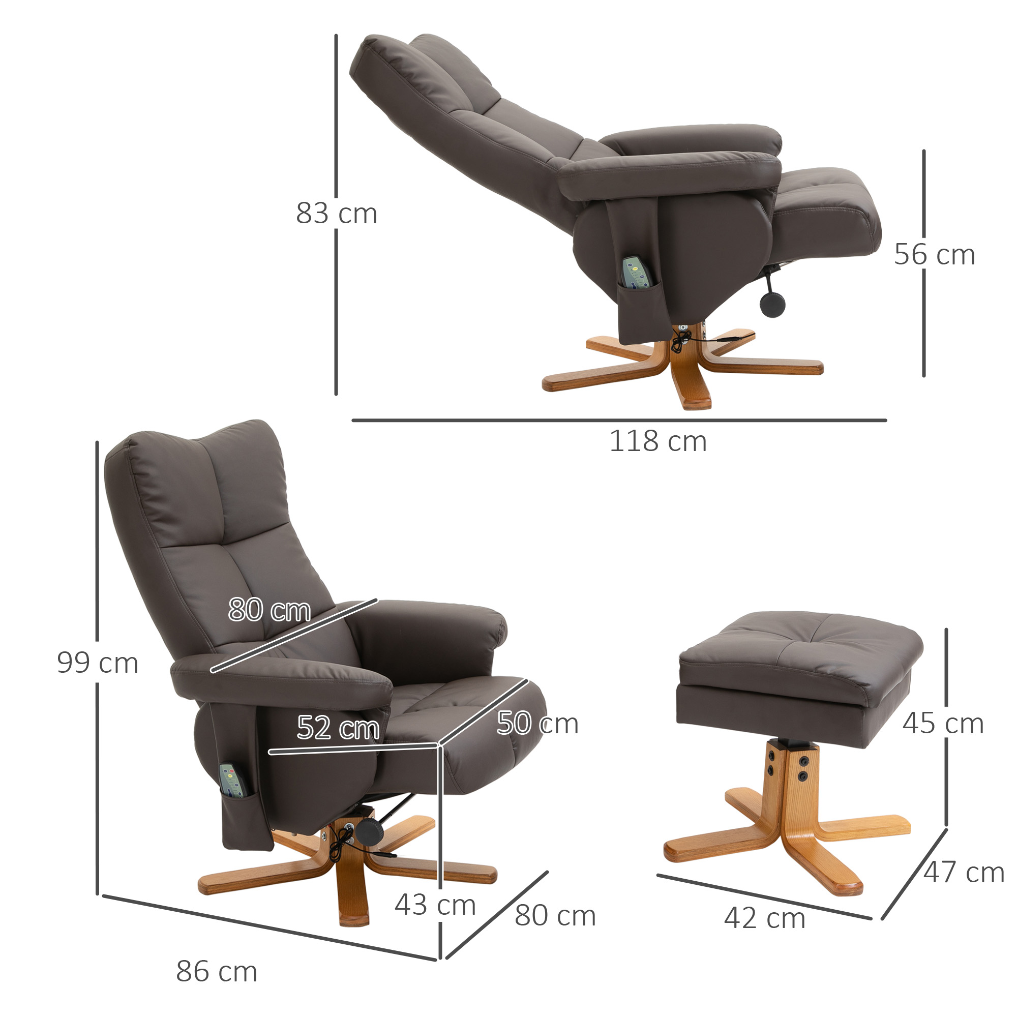 Relaxsessel mit Liegefunktion Massagesessel mit Fußhocker Fernsehsessel TV Sessel 145°-Neigung Liegesessel Ergonomischer Stuhl mit 10 Vibrationpunkte Kunstleder Braun 80 x 86 x 99 cm