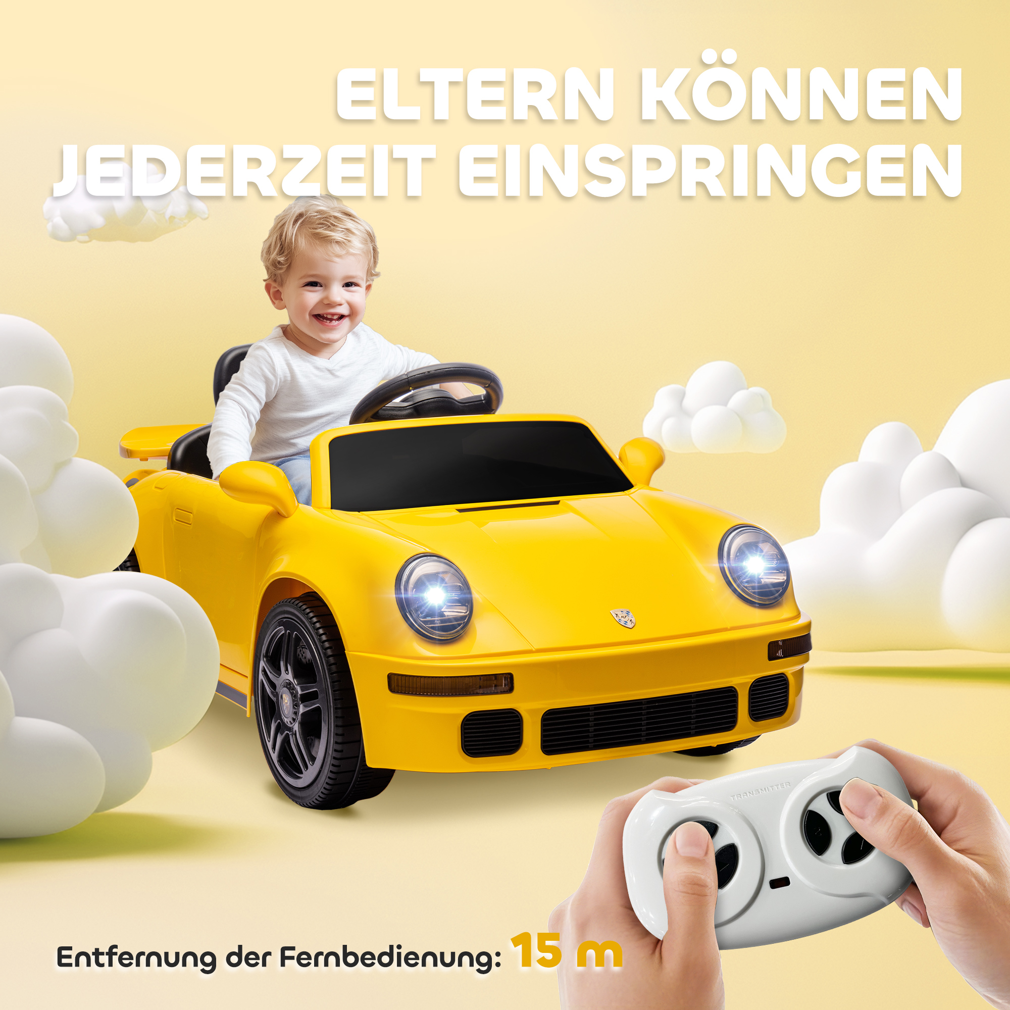 Kinder-Elektroauto, 12V Kinderauto mit Fernbedienung, sanfter Start, MP3-Player, LED-Lichter, Hupe, Energieanzeige, Gelb