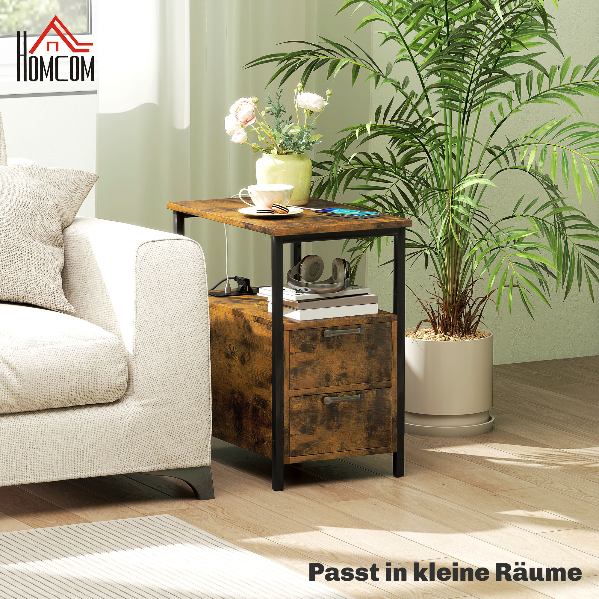 Beistelltisch mit Aufladestation, USB-Anschlüssen, Steckdosen, 2 Schubladen und Regal für Wohnzimmer, Schlafzimmer