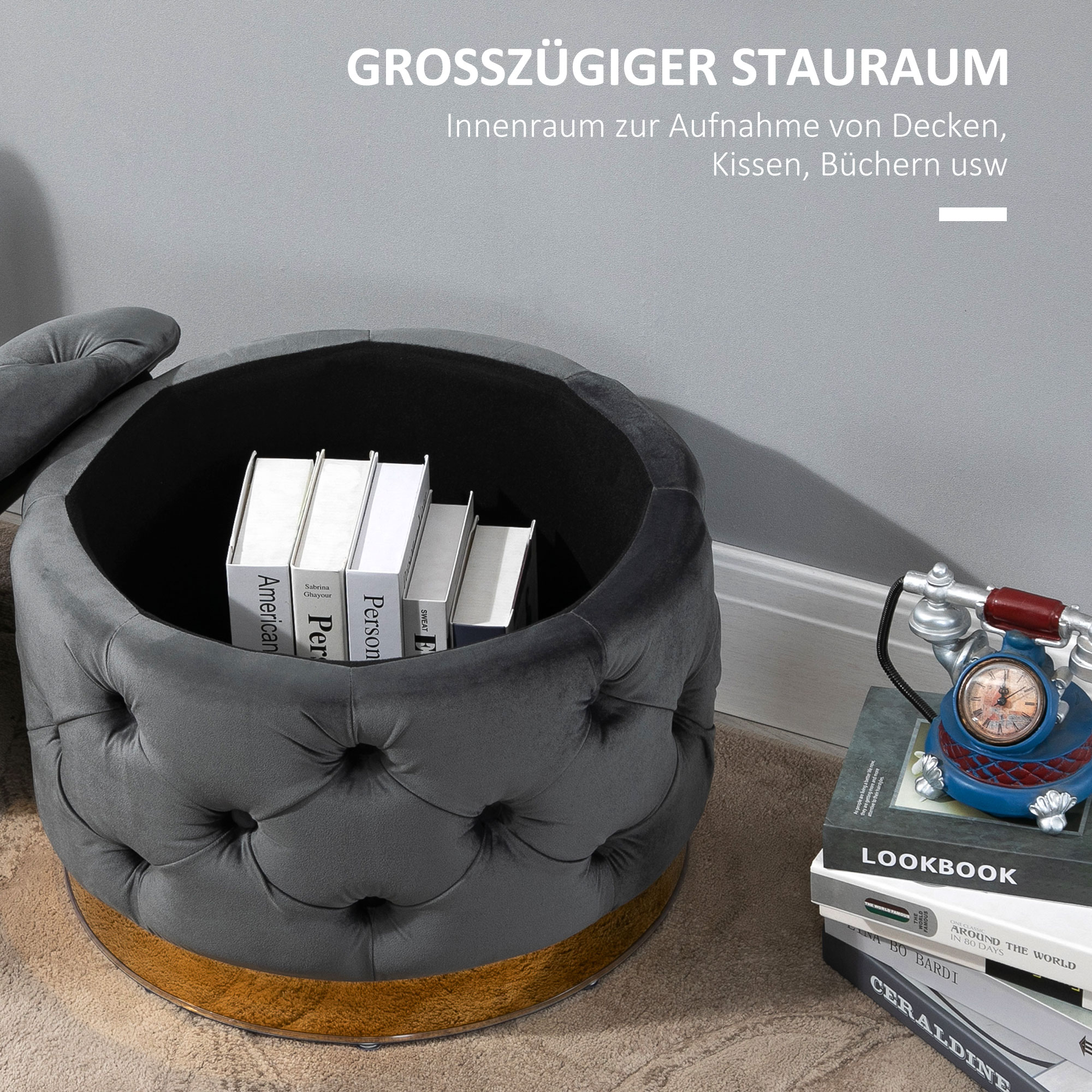 Vintage Hocker, Sitzhocker Truhenbank Fußbank Fußhocker mit Stauraum, Polsterhocker, Metall, Schaumstoff, Kohlegrau, 55 x 55 x 42 cm