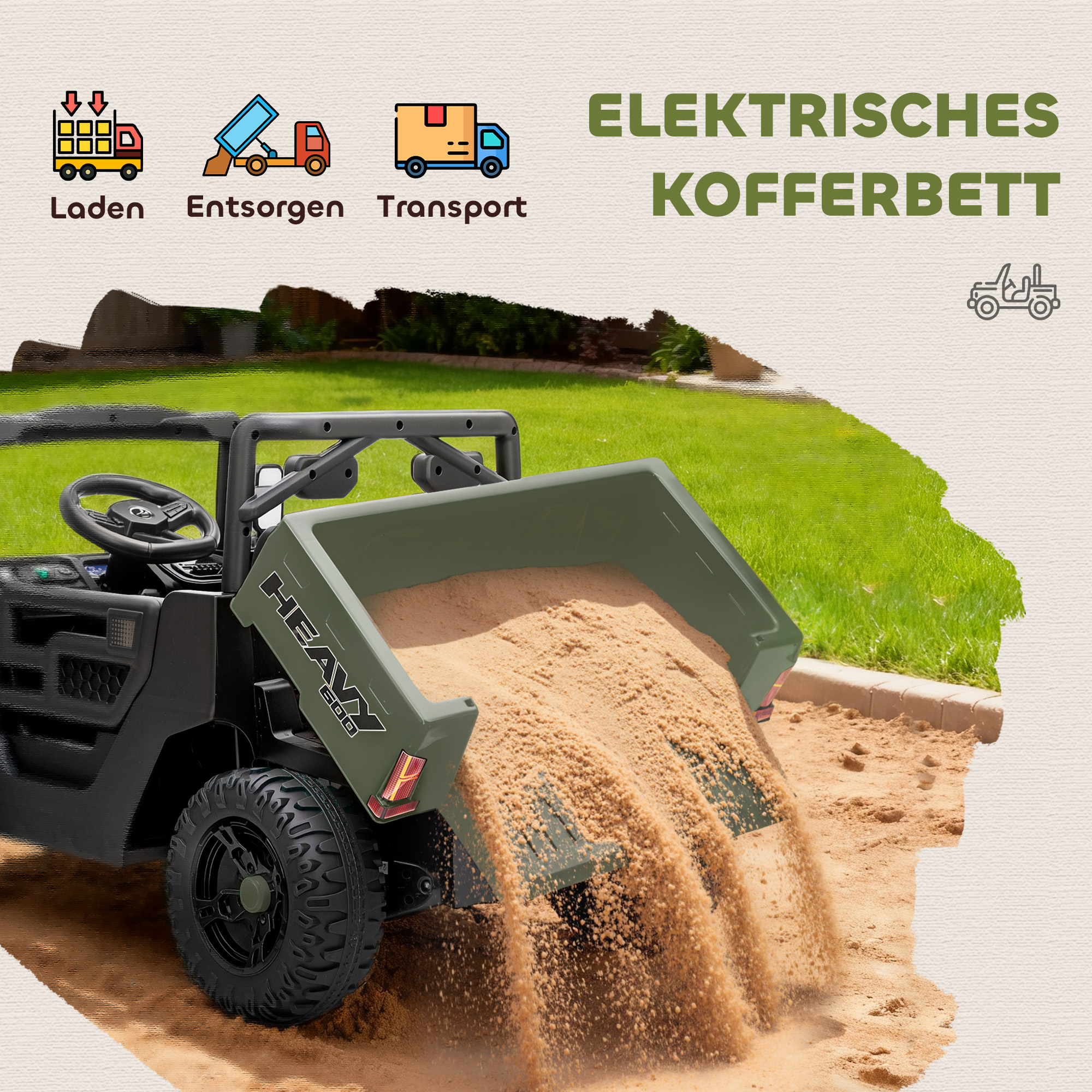 Elektrofahrzeug, 2 Motoren, Kofferraum, UTV-Design, Musikfunktion, Grün