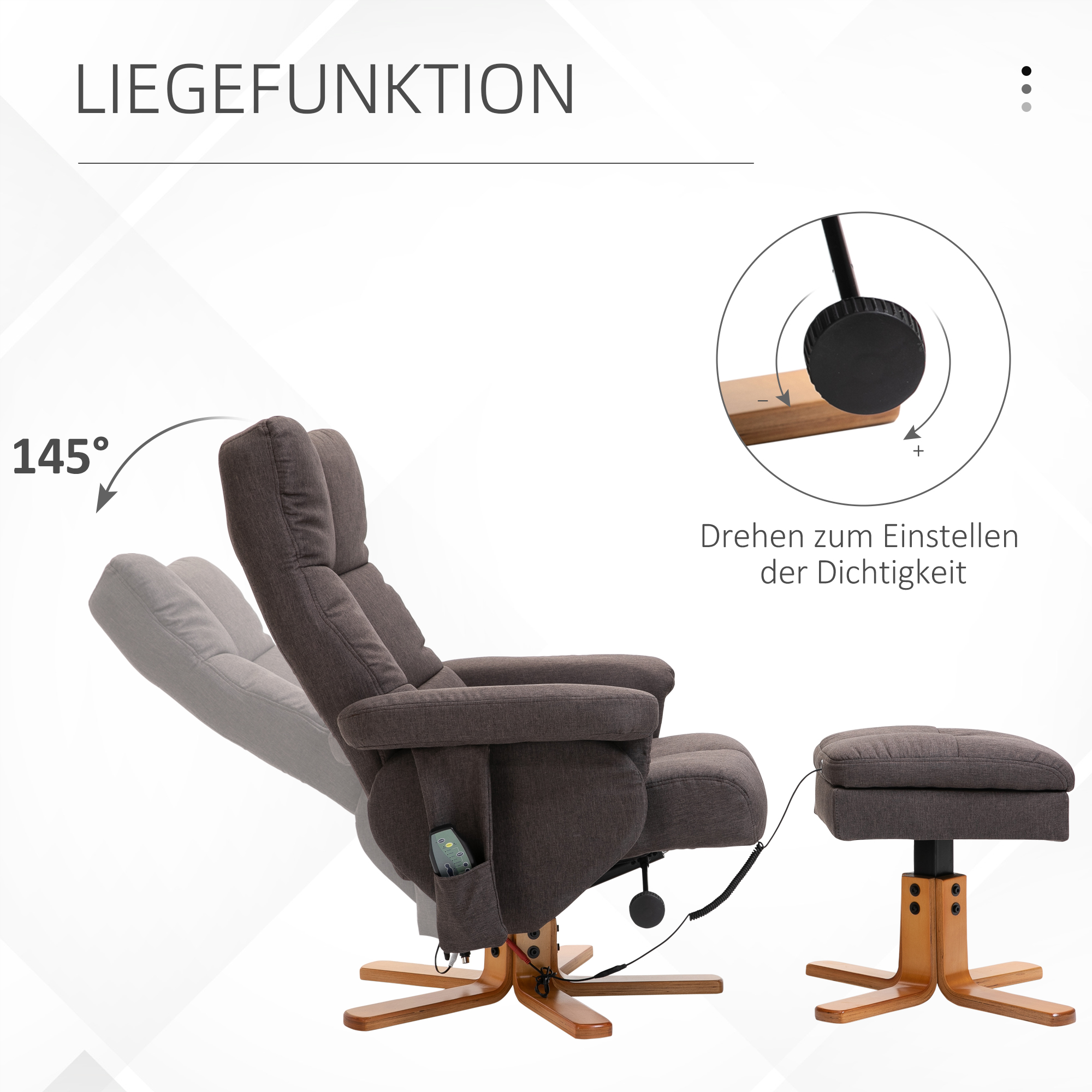 Relaxsessel mit Fußhocker, Stauraum, Elektrischer Massagesessel mit Liegefunktion, Drehbarer Fernsehsessel mit Seitentasche, Fernbedienung, Holzrahmen, Polyester, Braun