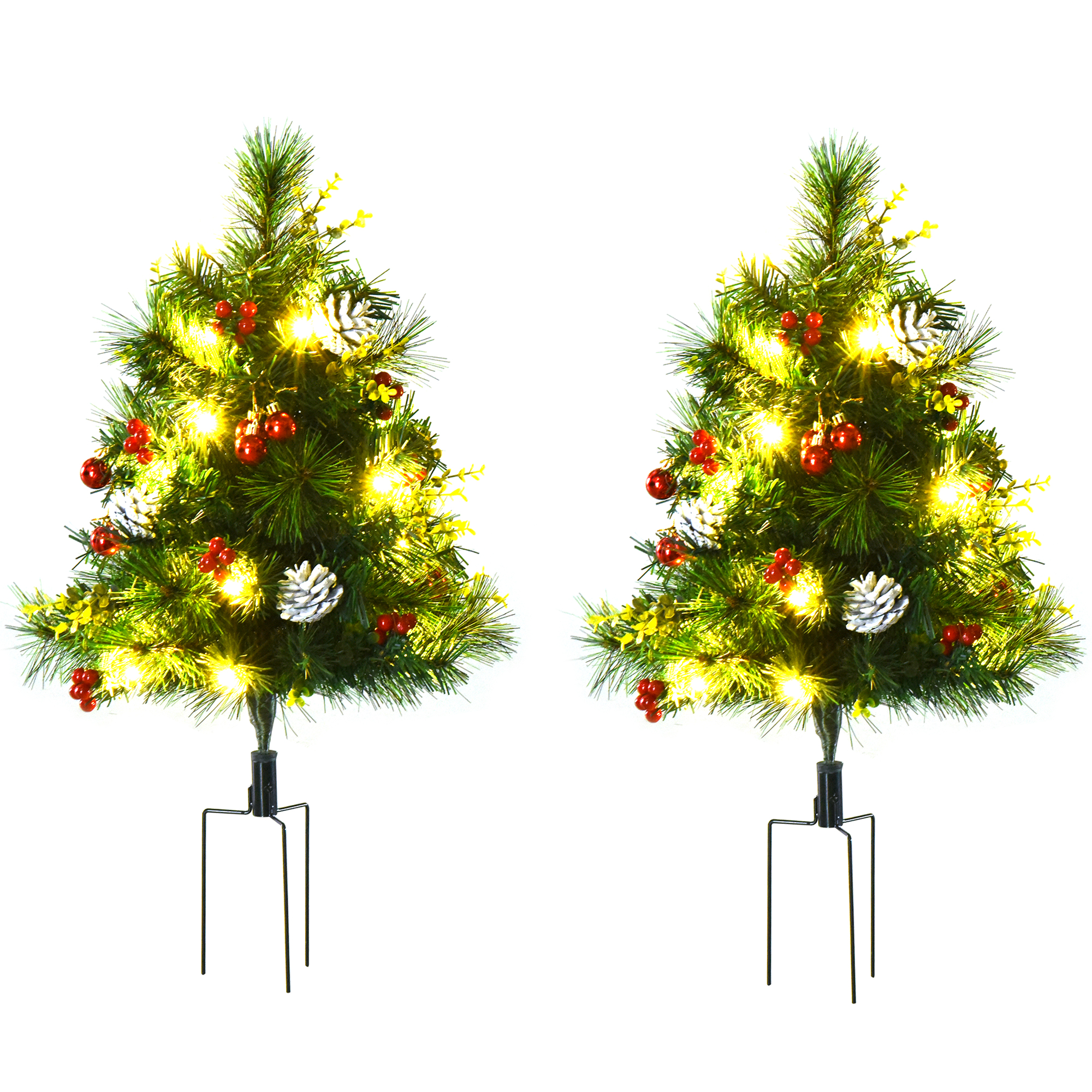 2-er Set Weihnachtsbäume, Künstlicher Mini-Christbaum mit LED-Lichtern, Kunststoff, Metall, Ø33 x 75 cm, Grün