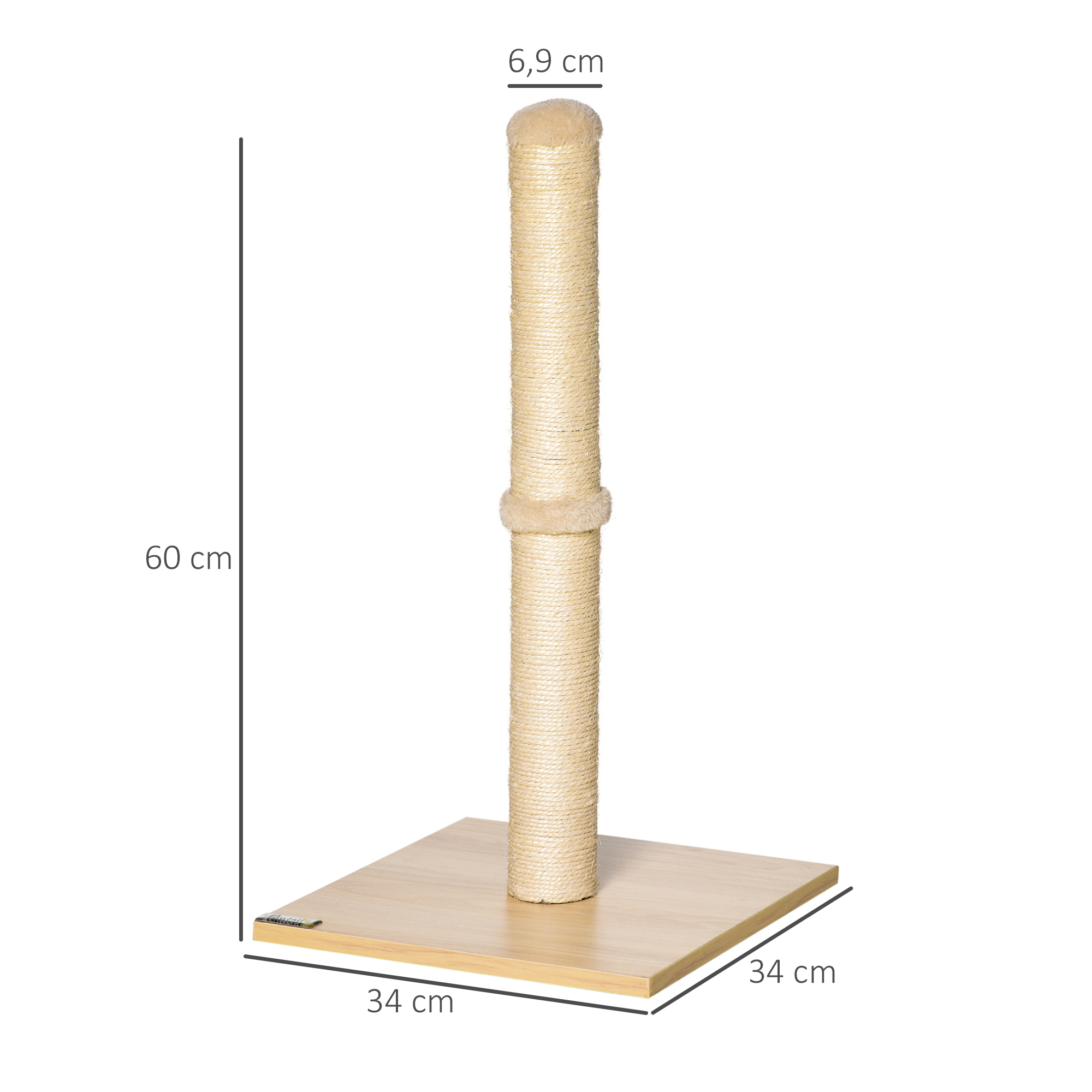 Kratzstamm für Katzen Kratzsäule aus Sisal stabiler Kratzbaum Kratz Spielzeug Katze mit Ball 60 cm Spanplatte Sisal Beige+Eiche 34 x 34 x 60 cm