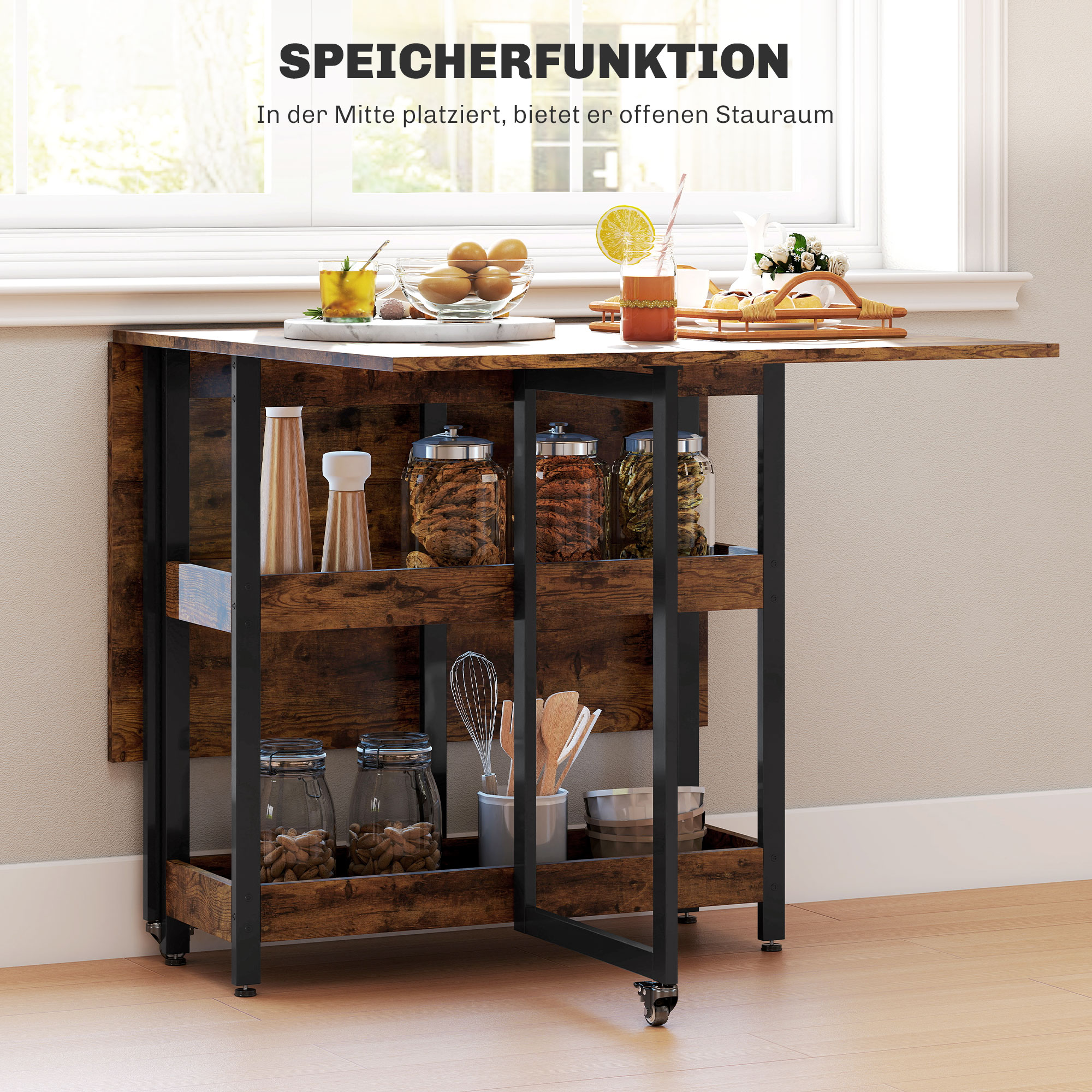 Klappbarer Esstisch im Industriedesign, für bis zu 4 Personen, offene Regale, flexibel, Metall, Spanplatte, Braun