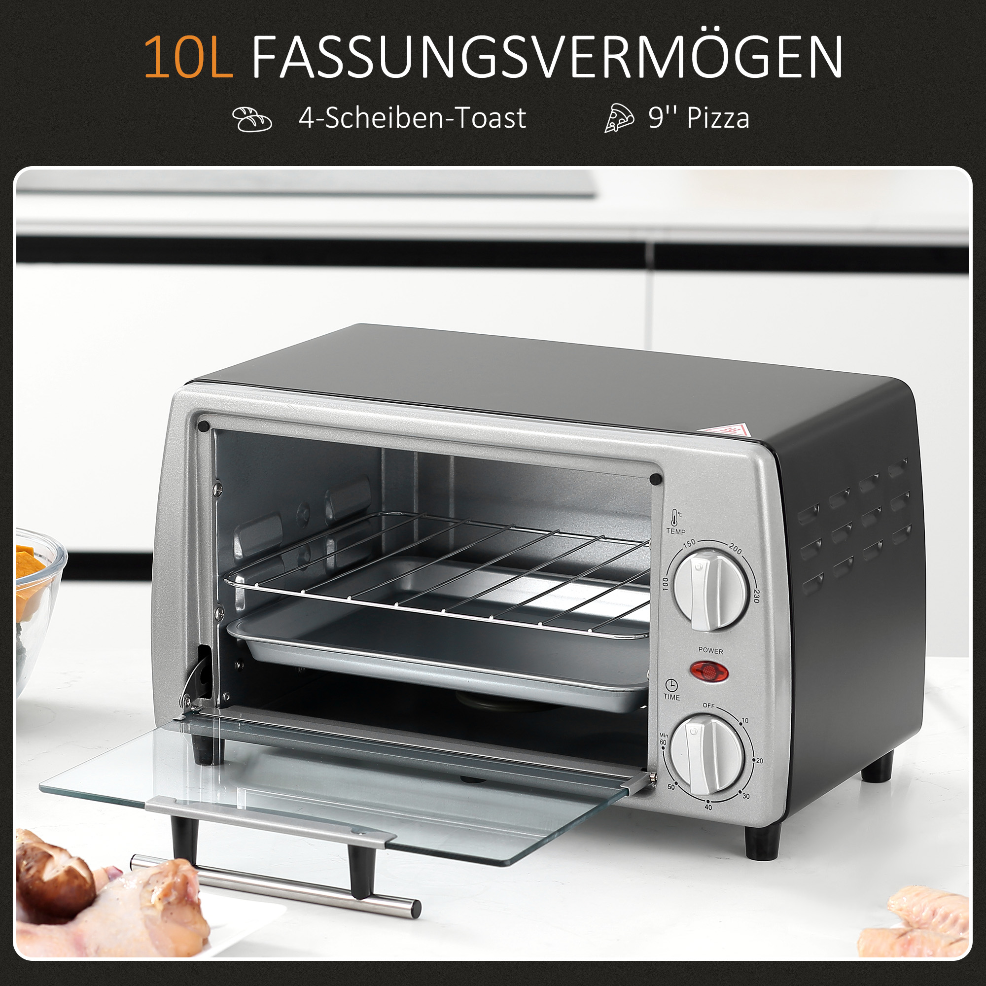 Mini Backofen 10 L 750W 100-230? 60 Min. Timer mit Backblech, Grillrost und Herausnehmbarer Bodenschale, Pizza-Ofen Silber