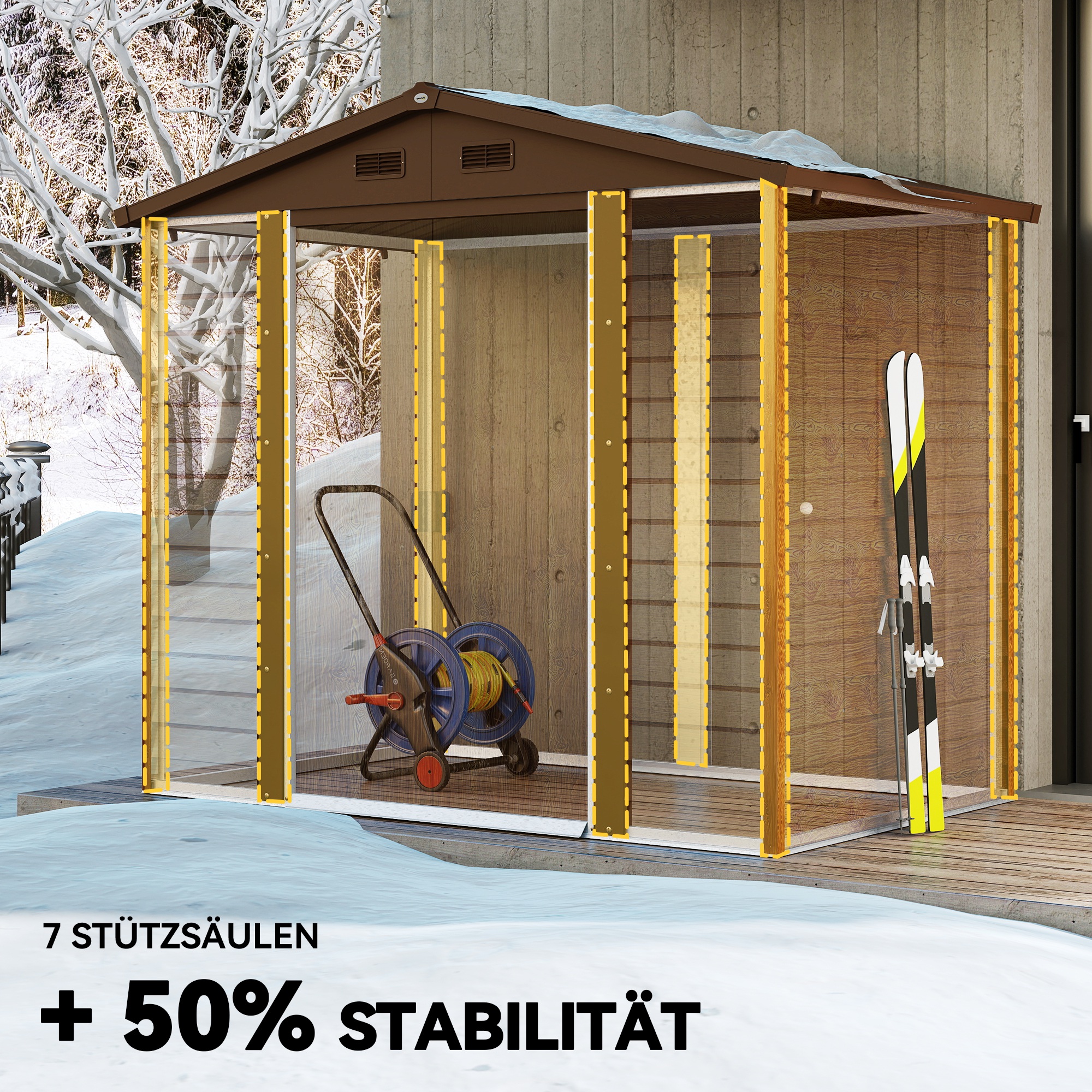 Gartenschuppen, Geräteschuppen, Gartenhaus mit Fenster, wetterfest, Holzoptik, Stahl, 152 x 235,7 x 208,7 cm, Braun